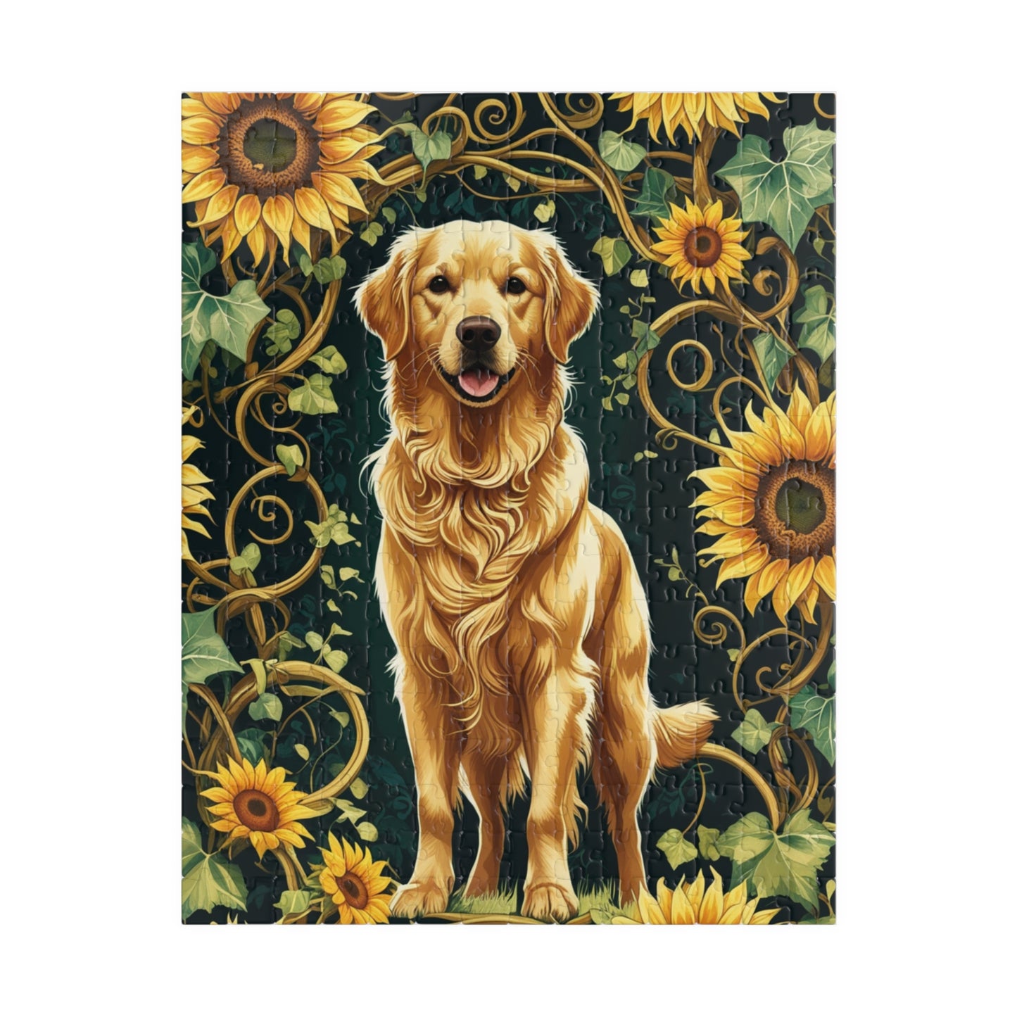 Vintage Golden Retriever Jigsaw Puzzle, Floral Sunflower Dog Themed Game for Family Fun Leisure Activity, Pet Owner Best Unique Gift, Hobby 252 pcs (Vertical) Puzzle The Puzzle Chest