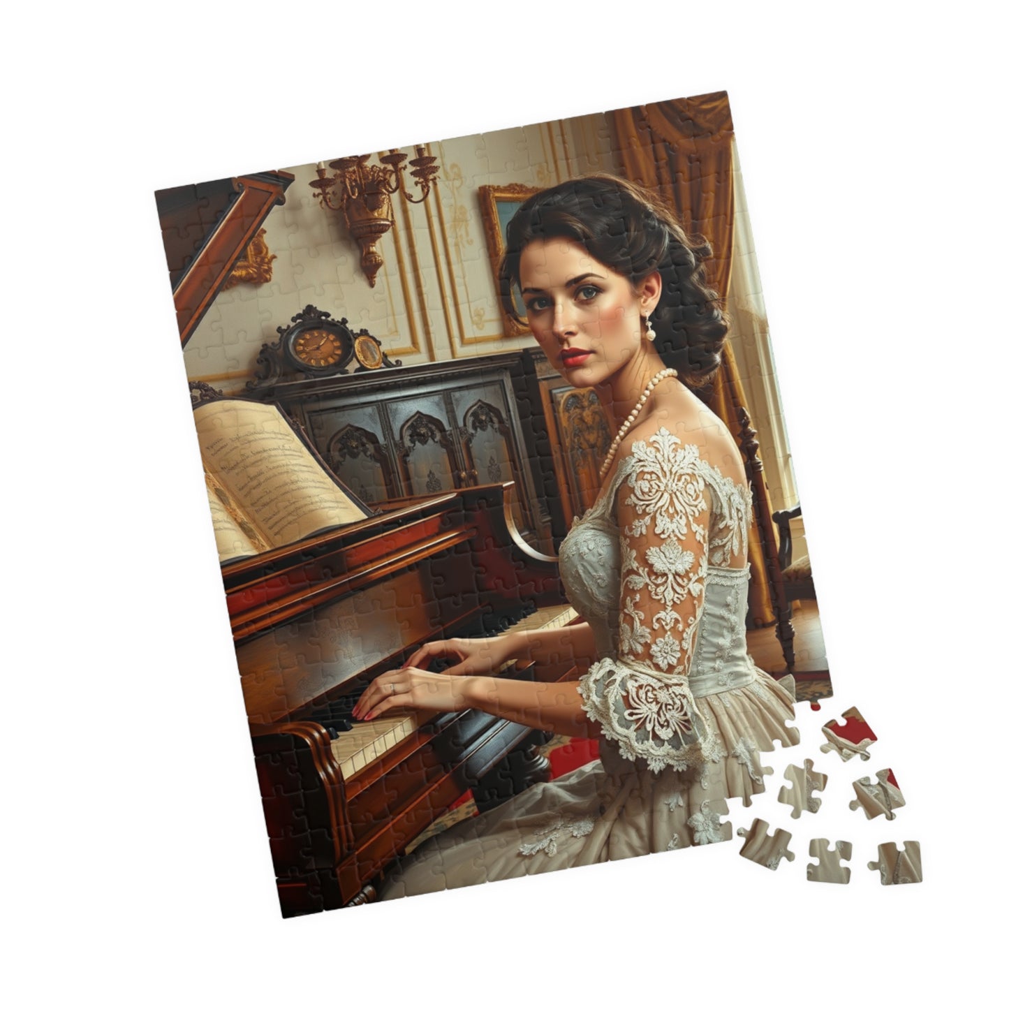 Victorian Woman Art Jigsaw Puzzle (110-1014 Piece), Vintage Drawing Room, Lady Playing Piano in Lace and Pearl Gown, Art Enthusiast Gift Puzzle The Puzzle Chest