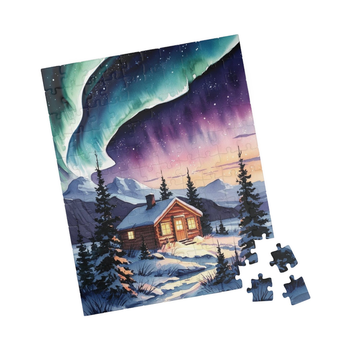 Northern Lights Landscape Puzzle, Aurora Borealis Snowy Cabin Watercolor Jigsaw Game, Hobby, Puzzle Lover Gift, Frameable Art, Relaxation Puzzle The Puzzle Chest