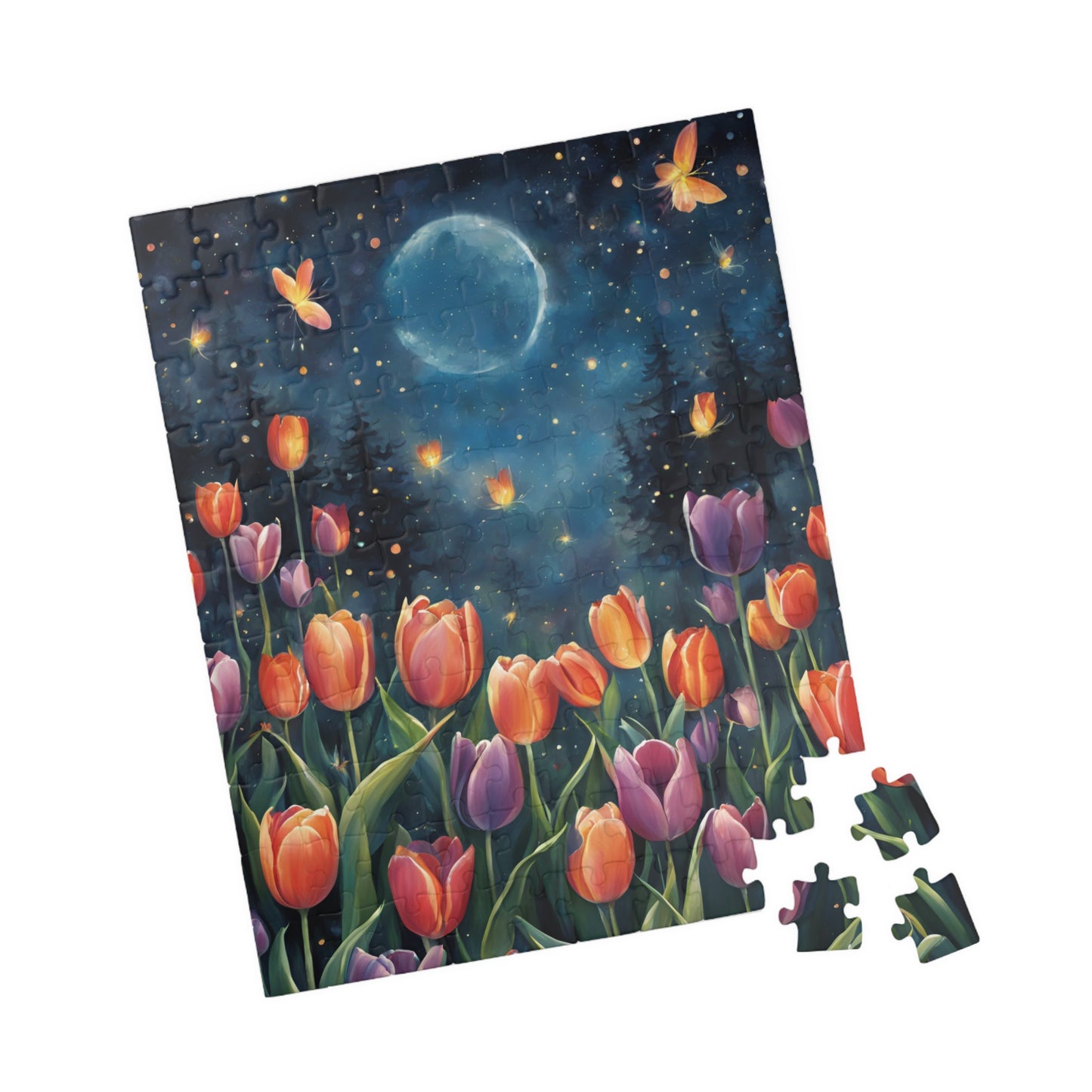 Moonlit Tulip Garden Puzzle, Glowing Tulips and Fireflies Tranquil Night Fantasy Adult Jigsaw Game, Nature-Inspired Gift for Puzzle Fanatic Puzzle The Puzzle Chest