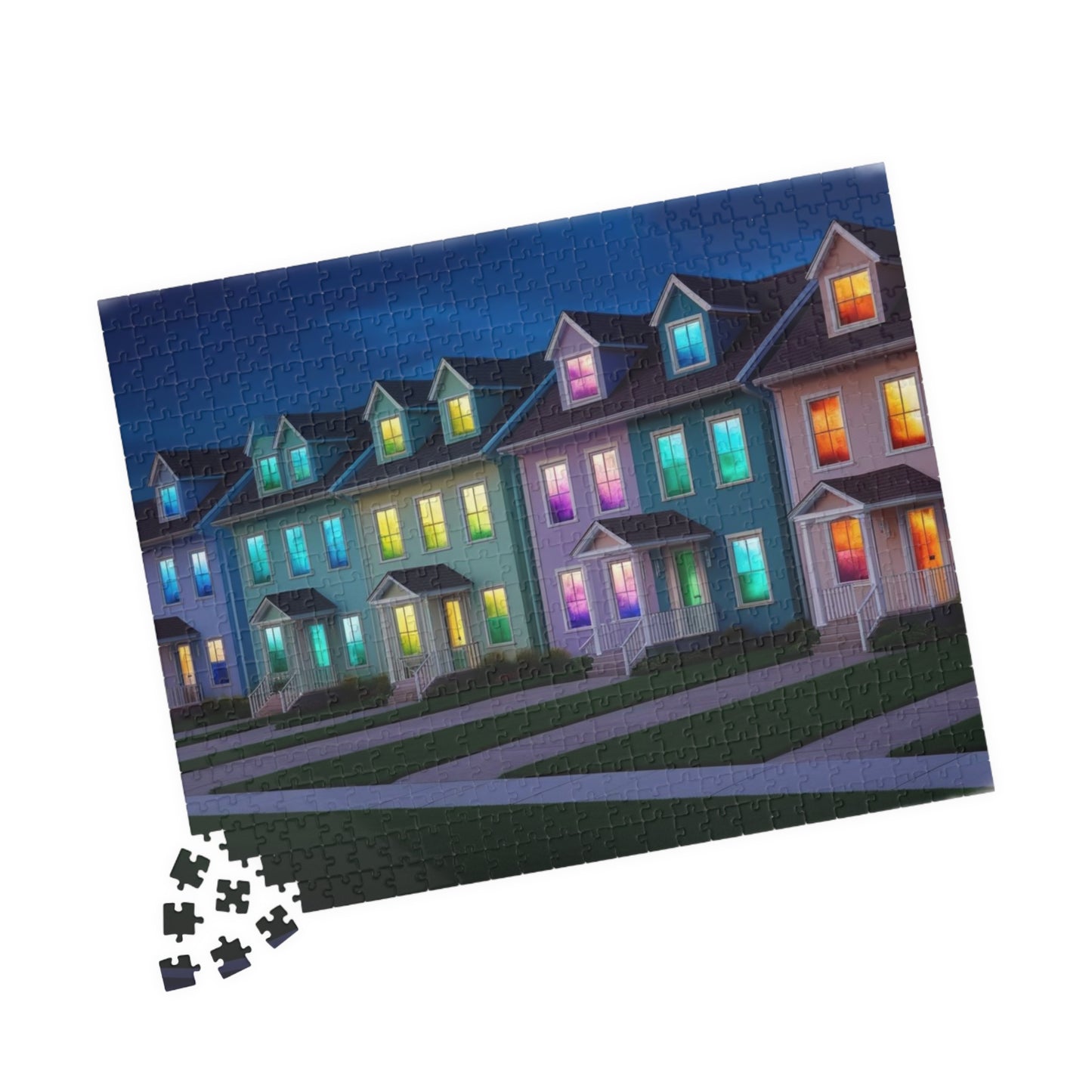 Jigsaw Puzzle, Fantasy Weirdcore Surreal Suburban Neighborhood with Glowing Windows, 110 252 520 1014-piece, Home Decor Game Activity Gift, Puzzle The Puzzle Chest