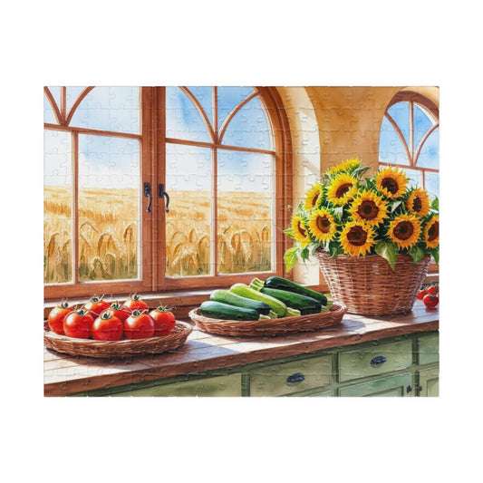 Summer Harvest Puzzle, Farmhouse Kitchen Jigsaw Game, 110 252 520 1014-Piece - Tomatoes Zucchini Sunflowers Golden Wheat Fields 252 pcs (Horizontal) Puzzle The Puzzle Chest