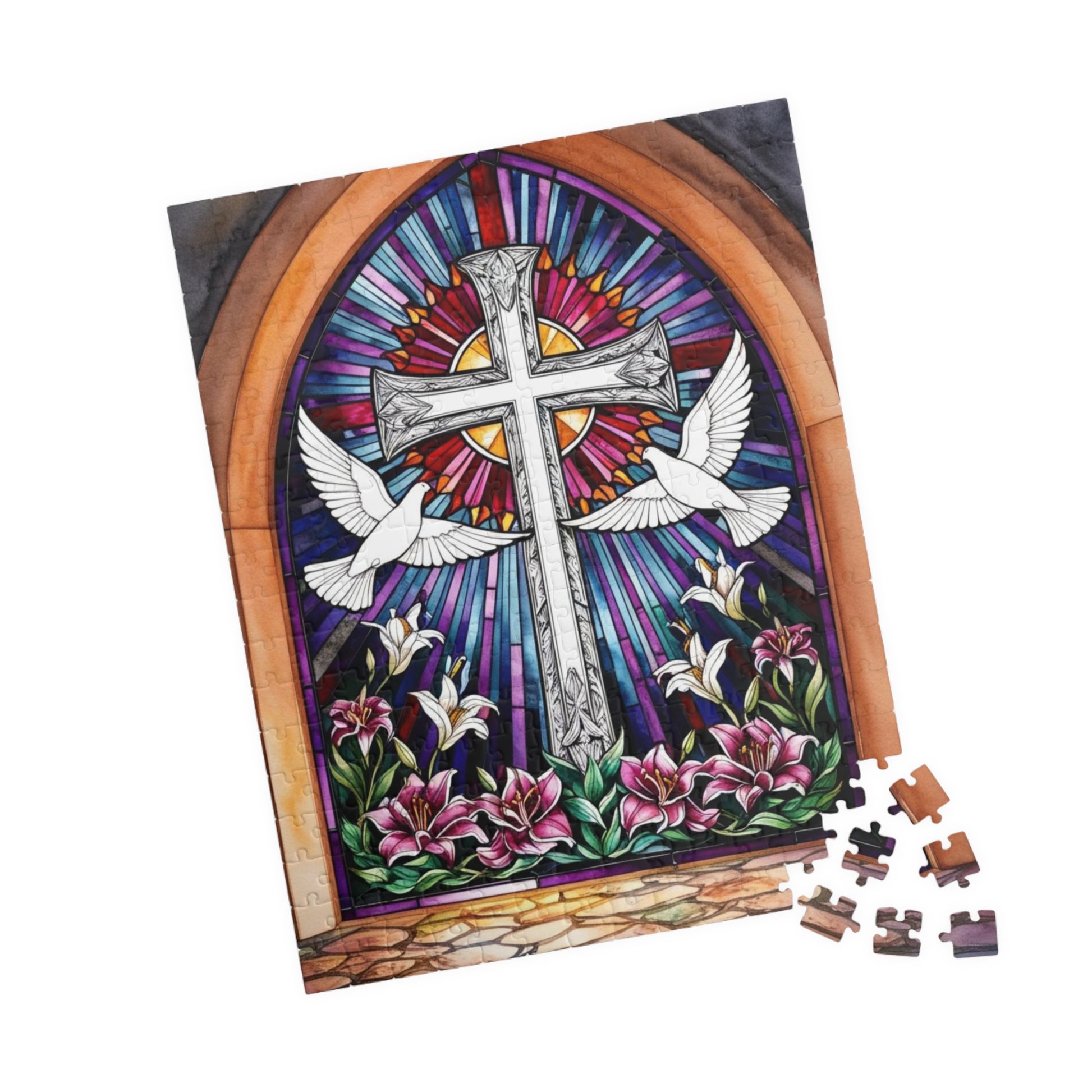 Stained Glass Cross Puzzle, Dove and Lily Flower Design, Faith-Based Christian Jigsaw Game for Adults, Mindful Hobby Gift for Puzzle Lover Puzzle The Puzzle Chest