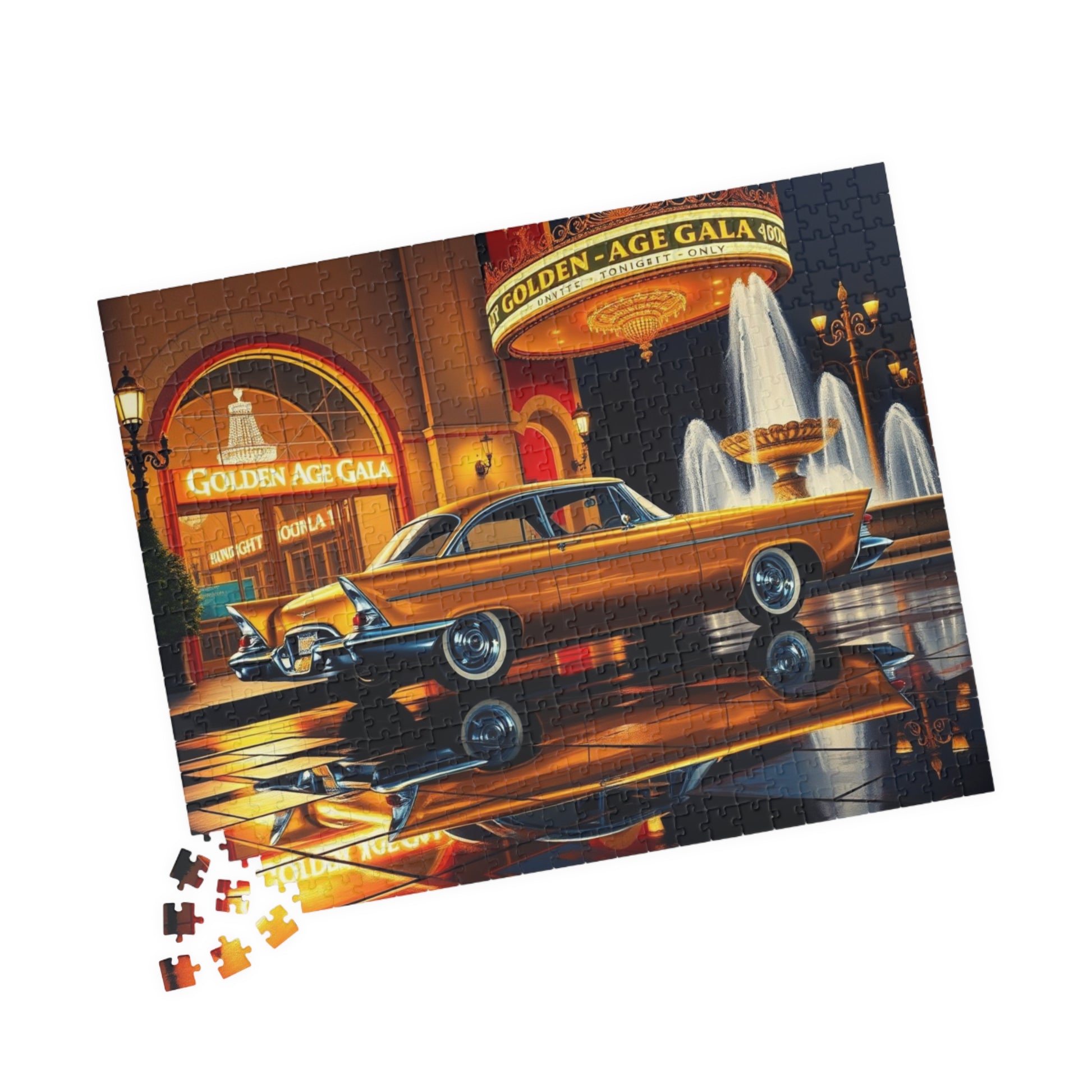 Vintage Car Puzzle - Classic Gold 1957 300C, Retro Vehicle Nighttime Scene Jigsaw Game Puzzle The Puzzle Chest