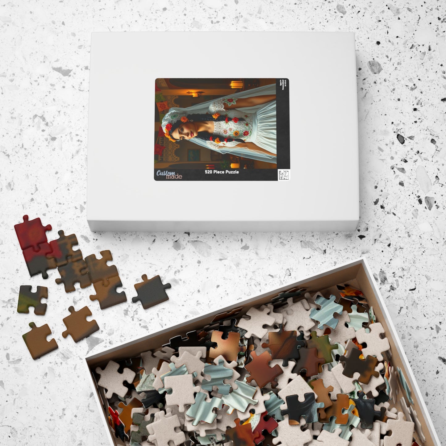 Elegant Mexican Bride Puzzle with Papel Picado Background, Hacienda Courtyard Wedding Jigsaw, Unique Gift for Puzzle Enthusiast Hobbyist Puzzle The Puzzle Chest