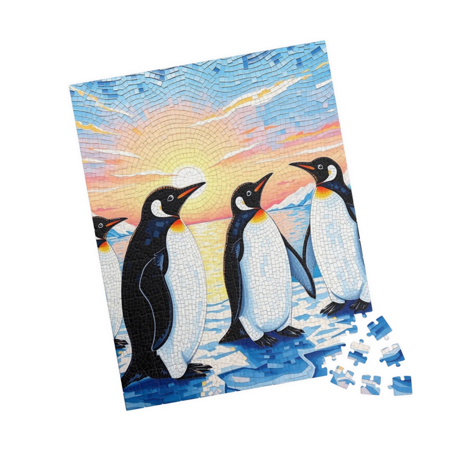 Penguin Mosaic Jigsaw Puzzle, Scenic Wildlife Arctic Sunrise Ice Winter Landscape Tabletop Game, Animal Theme Best Gift for Puzzle Fans Puzzle The Puzzle Chest