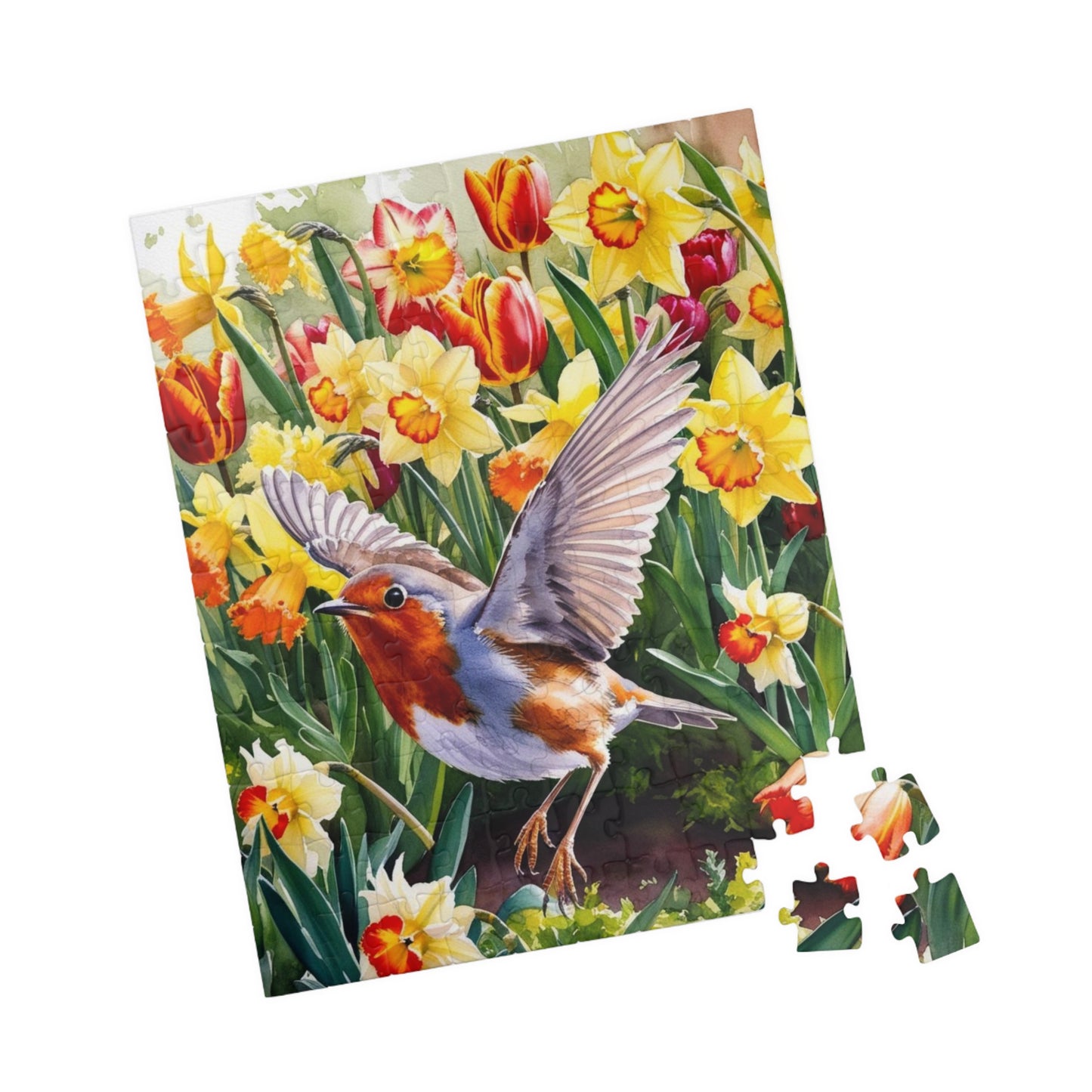Robin Bird Flying Garden Puzzle, Tulips Daffodils Spring Landscape Jigsaw, 110 252 520 1014 Piece Game, Relaxation Hobby Gift, Nature Puzzle The Puzzle Chest