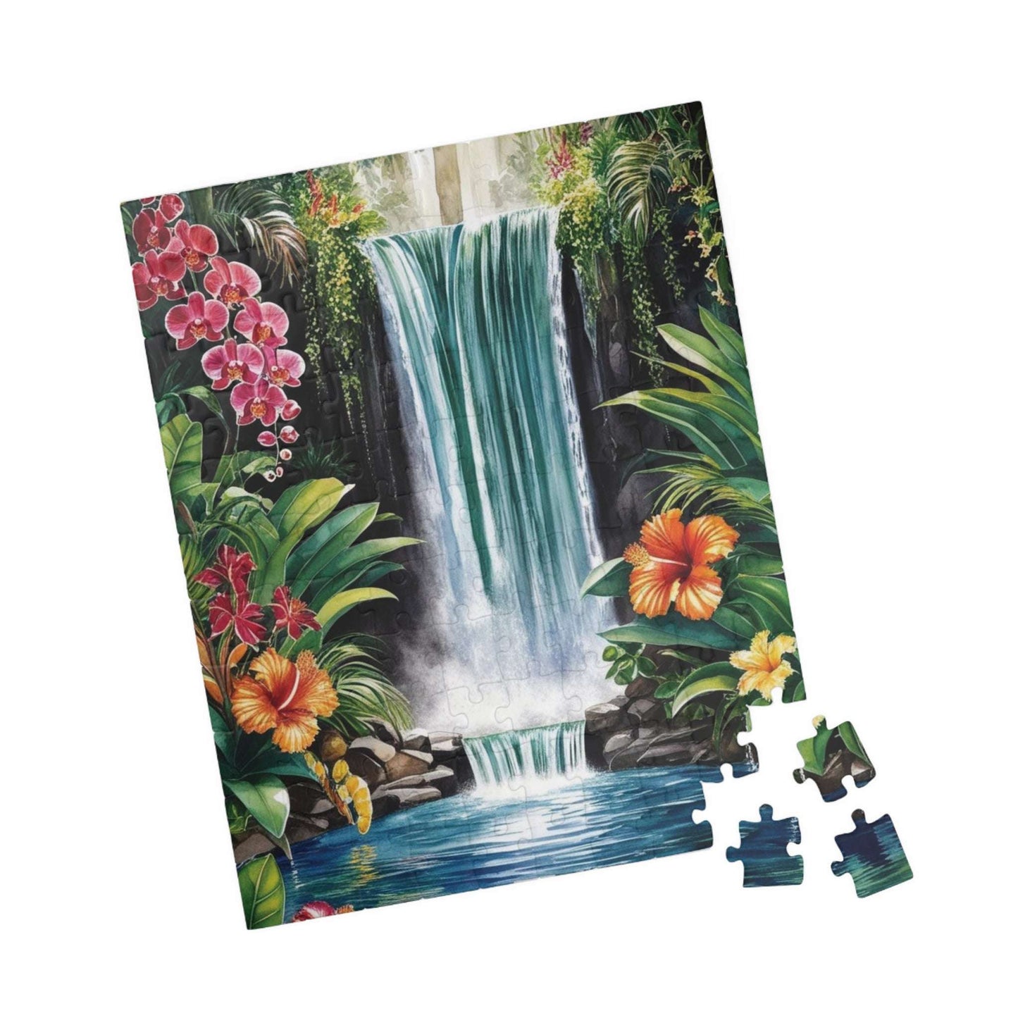 Tropical Waterfall Puzzle, Exotic Flowers Jigsaw Game Night Family Activity, Jungle Landscape Scene, Relaxing Brain Teaser for Puzzle Lover Puzzle The Puzzle Chest