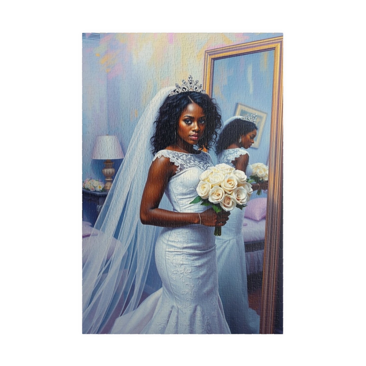 African American Bride Puzzle, White Lace Gown and Tiara, Black Woman Wedding Day Reflection Jigsaw Game 1014 pcs (Vertical) Puzzle The Puzzle Chest