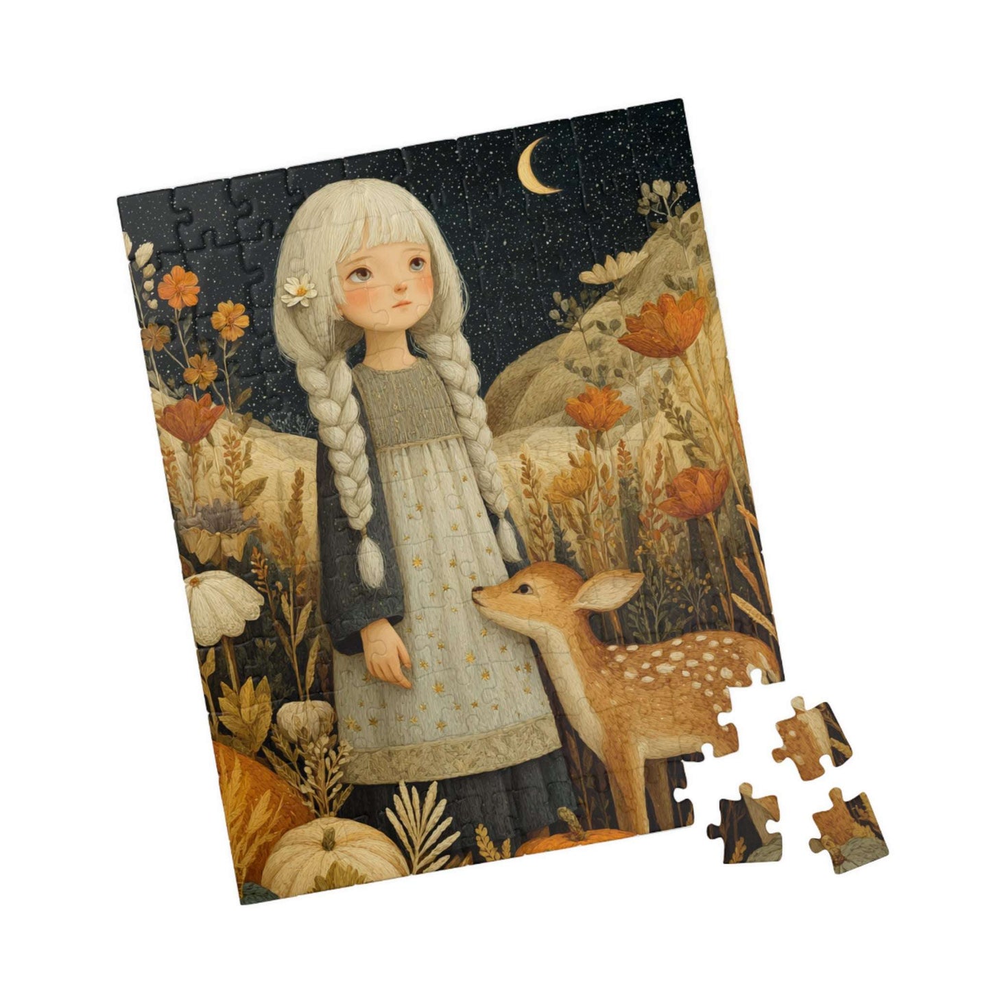 Starlit Meadow Jigsaw Puzzle – Whimsical Autumn Puzzle for Adults, Girl with Fawn Under Starry Sky 110 pcs (Vertical) Puzzle The Puzzle Chest