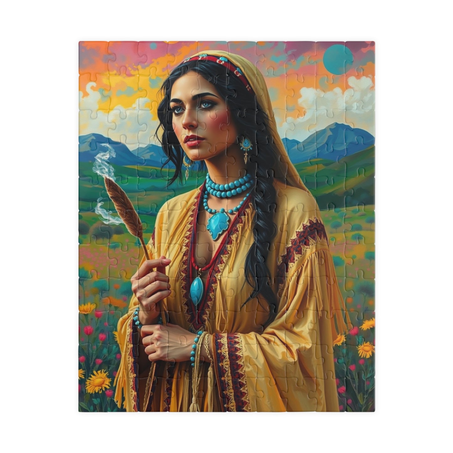 Spiritual Indigenous Bride Puzzle with Turquoise Jewelry and Smudge Stick, Colorful Landscape Wedding Jigsaw Game, Unique Puzzle Lover Gift 110 pcs (Vertical) Puzzle The Puzzle Chest