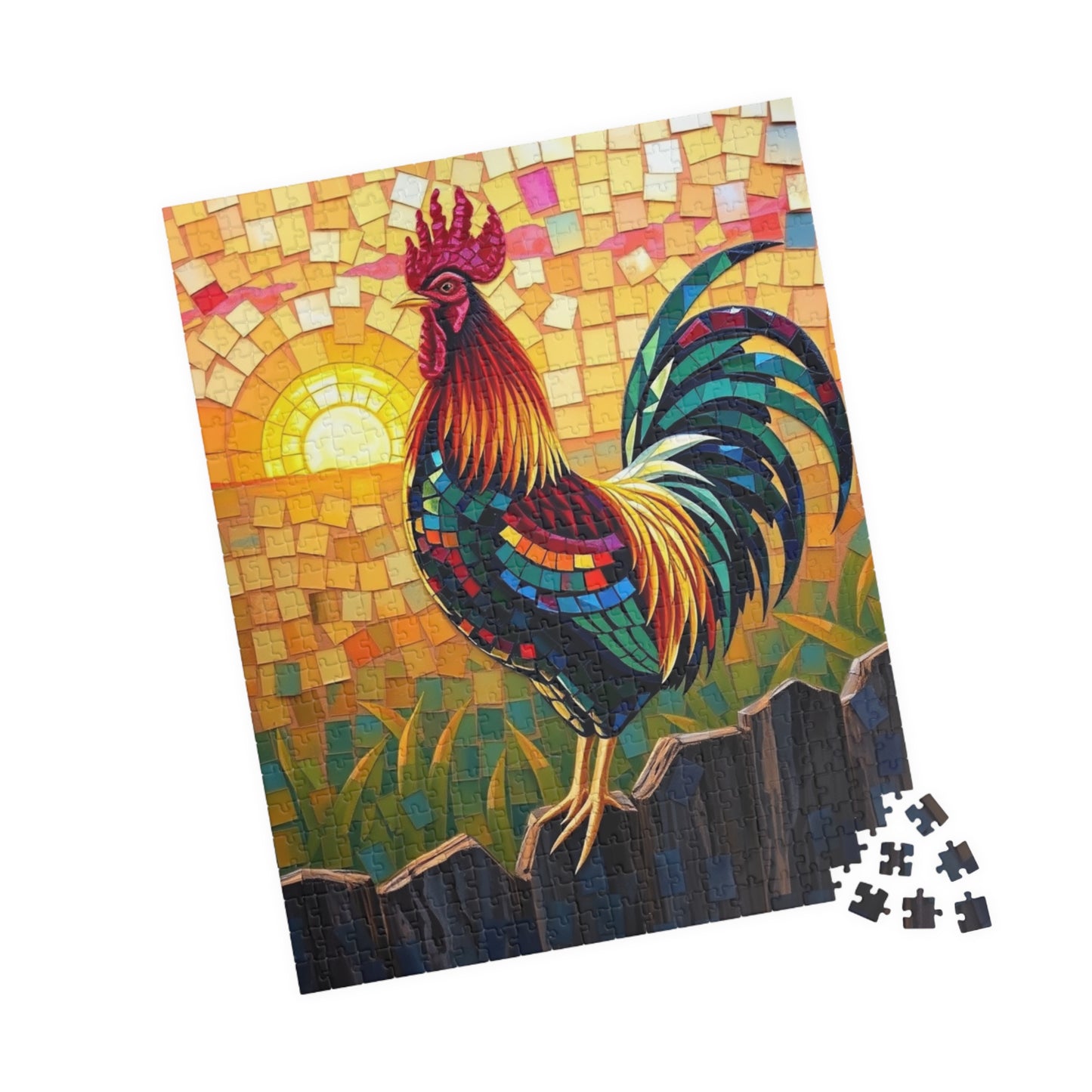 Mosaic Rooster Jigsaw Puzzle, Vibrant Farm Animal Tabletop Game with Sunrise Scene for Adults, Family Game Night, Puzzle Lover Mindful Gift Puzzle The Puzzle Chest