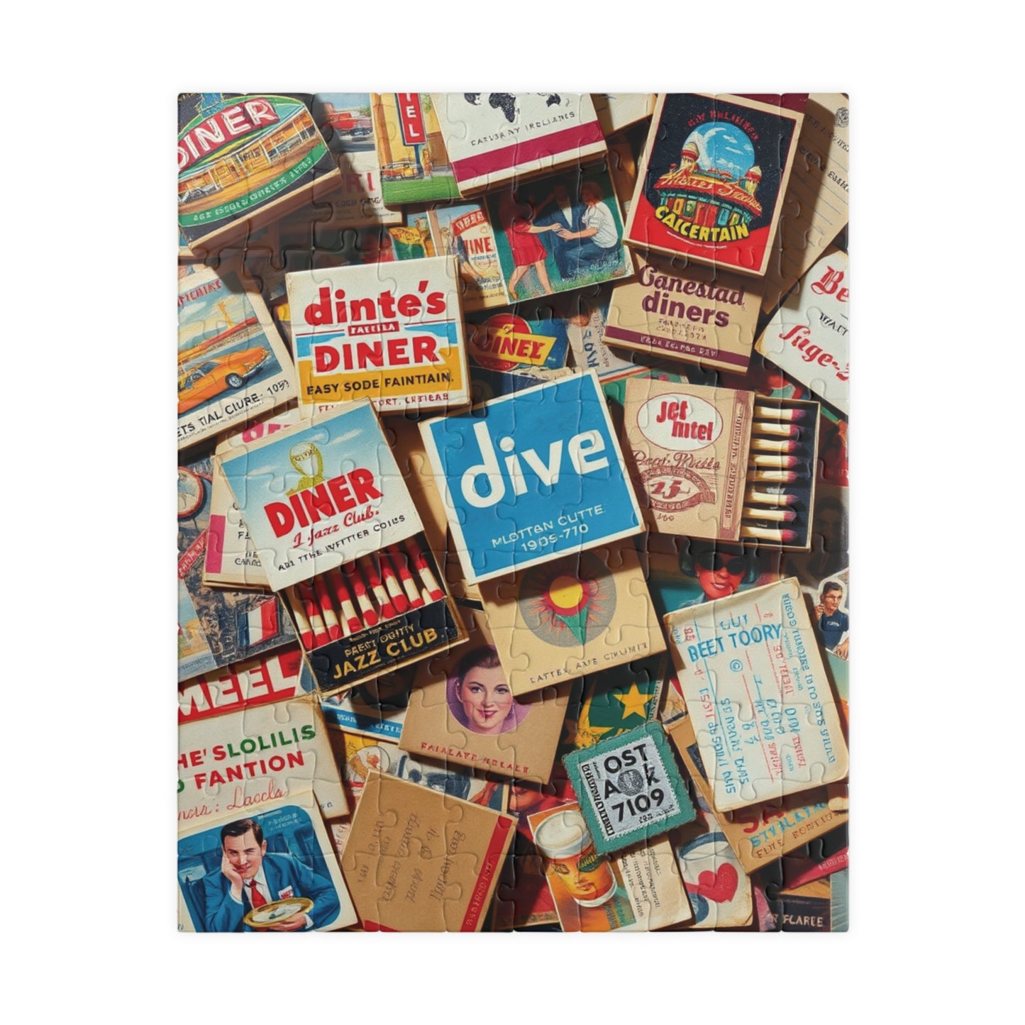 Vintage Matchbook Collage Jigsaw Puzzle, Retro Americana Memorabilia, Old Matchboxes Postcards and Receipts, Mid-Century Diner Motel Designs 110 pcs (Vertical) Puzzle The Puzzle Chest
