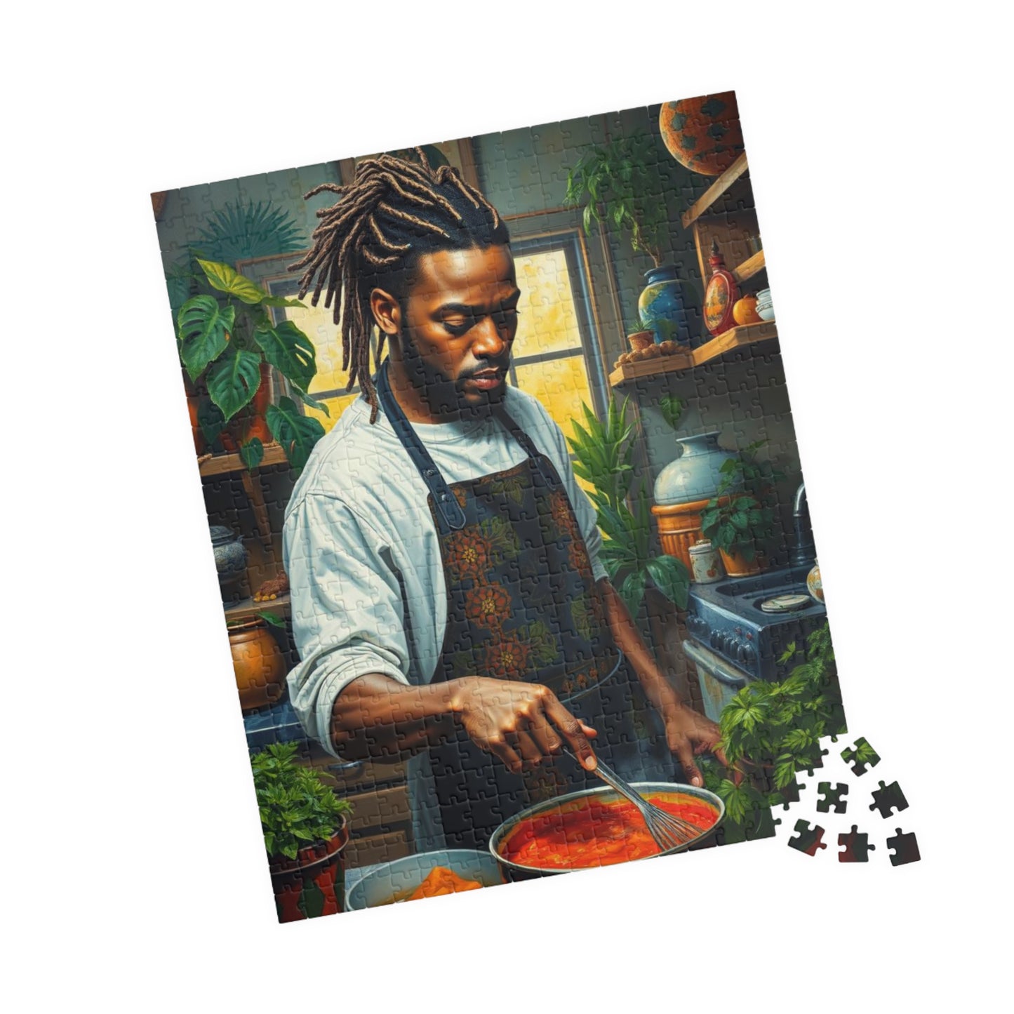 Culinary Black Art Puzzle, Black Man Jigsaw, Relaxing Kitchen Scene, Family Fun Gift for Food Lover Afro American Puzzle Game 520 pcs (Vertical) Puzzle The Puzzle Chest
