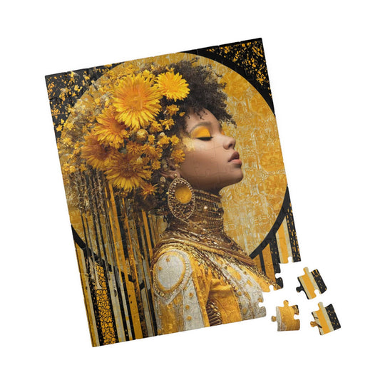 Elegant Afrocentric Jigsaw Puzzle - Melanin African American Queen in Gold Jewelry and Flower Crown 110 pcs (Vertical) Puzzle The Puzzle Chest