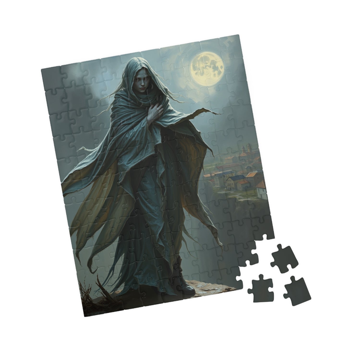 Gothic Puzzle, Banshee Design 110-1014 Piece Jigsaw, Moonlit Village Windswept Cliff Silver Gray Shroud, Unique Gift Idea, Relaxing Activity Puzzle The Puzzle Chest