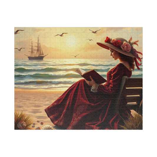 Victorian Seaside Reverie Jigsaw Puzzle - Elegant Woman Reading on the Shoreline, Romantic Vintage Puzzle Art Game Puzzle The Puzzle Chest