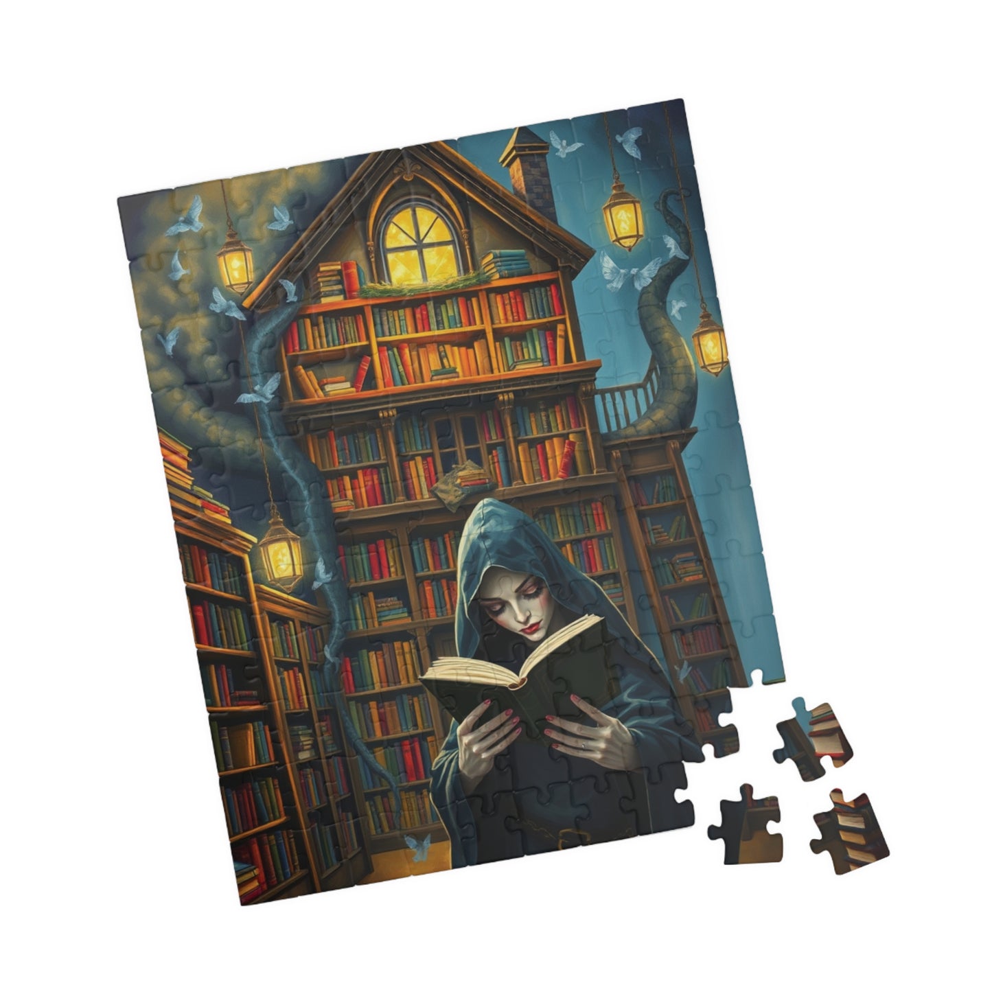 Gothic Bookstore Jigsaw Puzzle, Cloaked Figure Pale Skin Intense Eyes, Dark Fantasy Whimsical, Challenging Adult Tabletop Game, Giftable Puzzle The Puzzle Chest