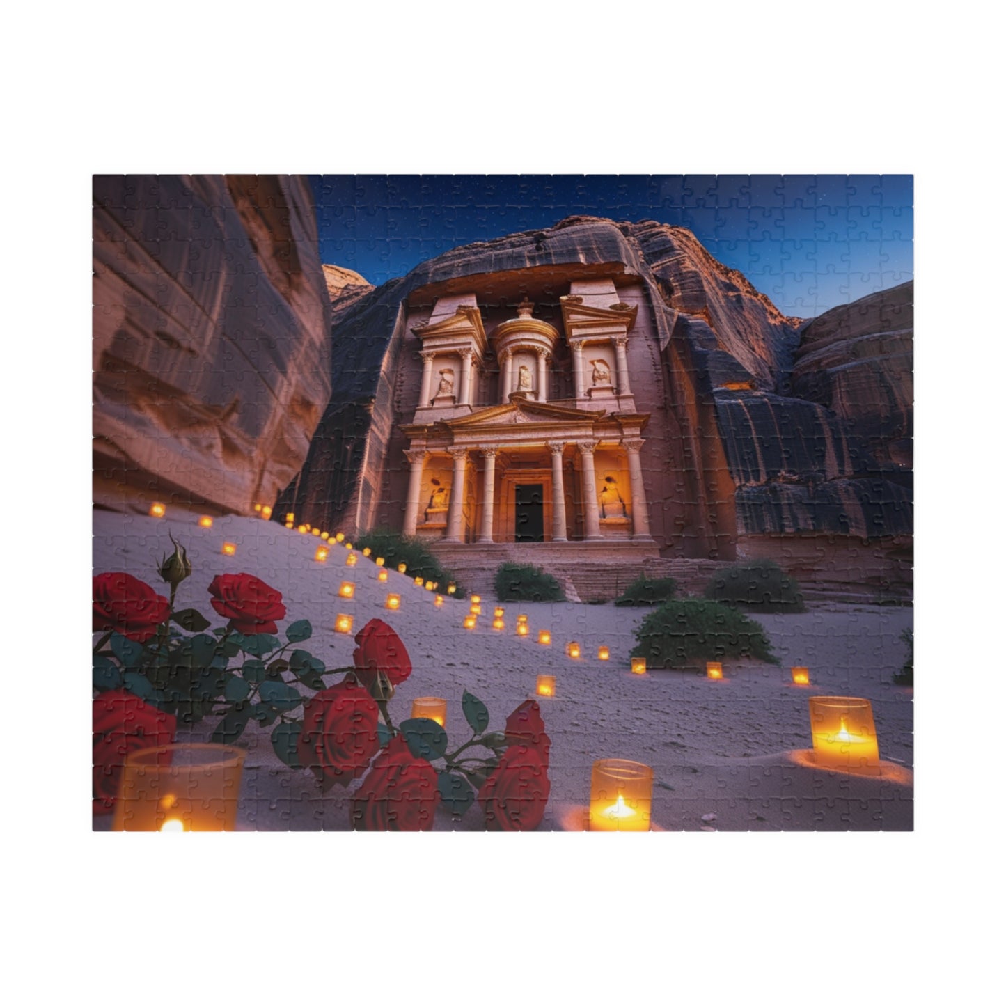 The Treasury at Petras Twilight Jigsaw Puzzle, Famous Ancient Landmark, Candlelit Lanterns Desert Roses, Mindfulness Gift for Puzzle Lover 520 pcs (Horizontal) Puzzle The Puzzle Chest