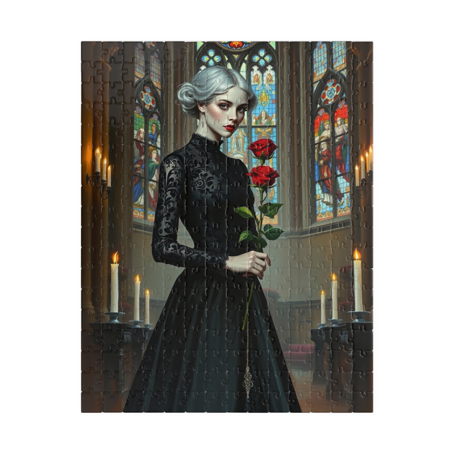 Puzzle, Gothic Art Woman's Portrait in Stained Glass Cathedral, Adult Dark Fantasy Jigsaw Game, Relaxing Activity, MIndfulness 252 pcs (Vertical) Puzzle The Puzzle Chest