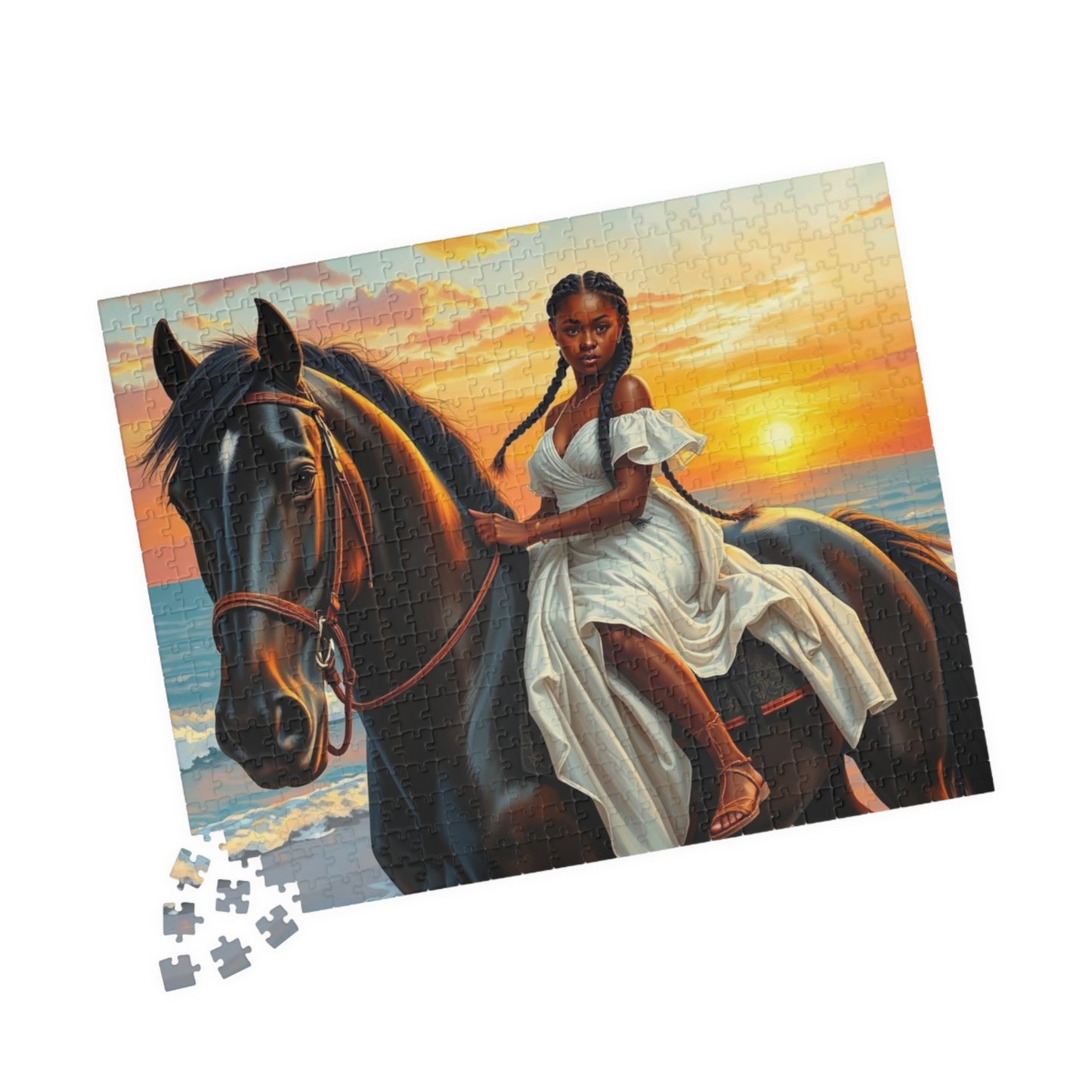Sunset Horse Jigsaw Puzzle - Black Woman African American Art, Equestrian Gift for Animal Lover Friend, Family Activity, Home Entertainment Puzzle The Puzzle Chest