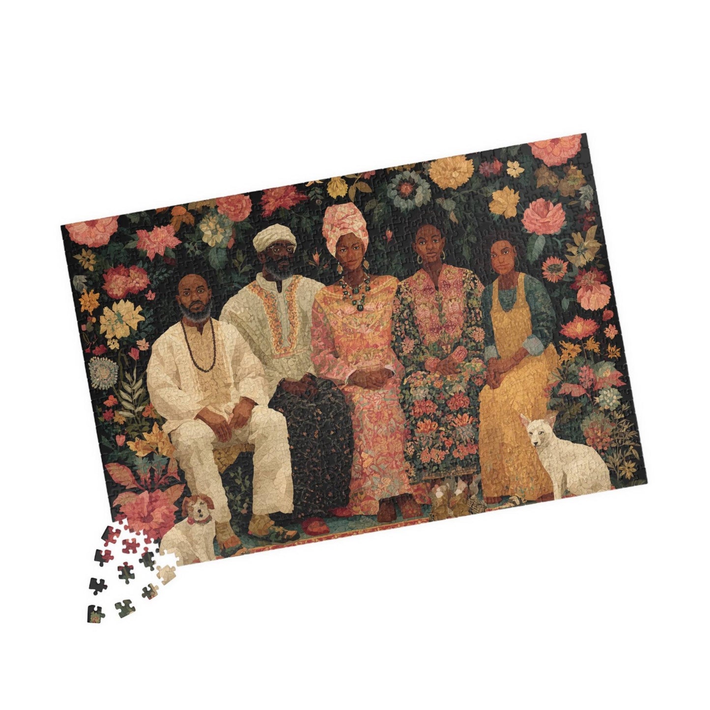 Black Art Jigsaw Puzzle - Afrocentric Family Portrait in Story-Quilt Style with Bold Patterned Fabrics 1014 pcs (Horizontal) Puzzle The Puzzle Chest