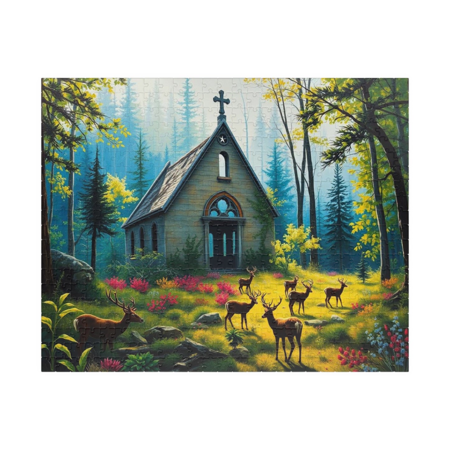 Sancturary Reclaimed Jigsaw Puzzle - Collapsed Chapel in Forest, Deer Puzzle, Gothic Puzzle, Serene Nature Puzzle, Wildlife Art Print 520 pcs (Horizontal) Puzzle The Puzzle Chest