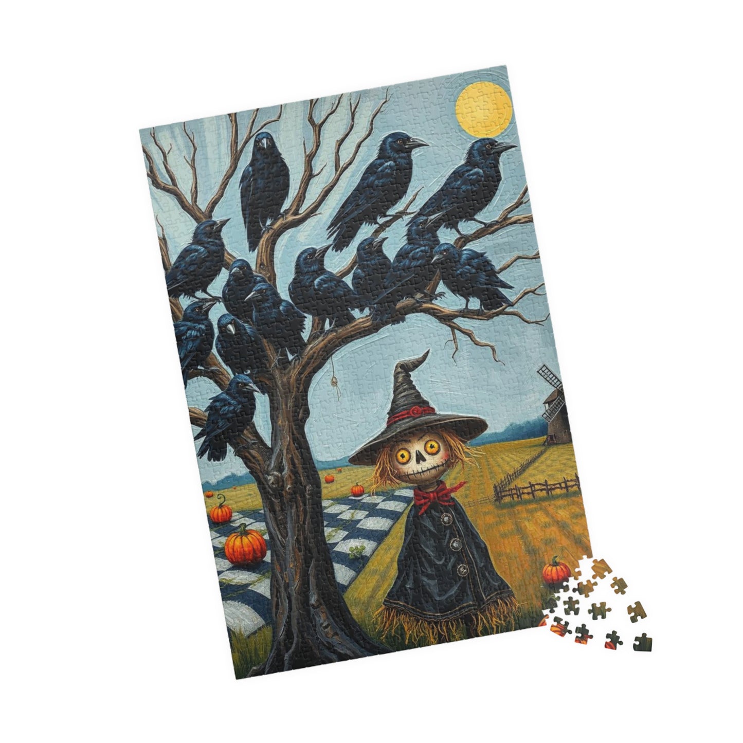 Feathered Frenzy Jigsaw Puzzle - Scarecrow and Crows, Halloween Fun Family or Solo Activity, Fall Holiday Birthday Gift for Puzzle Lover