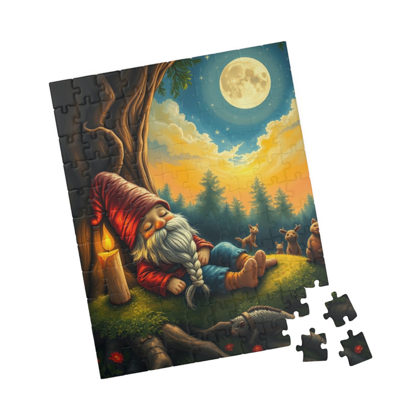 Slumbering Gnome Under the Moonlight Puzzle, Sleepy Gnome Night Scene Animals and Starry Sky, Fantasy Jigsaw Game, Mindful Puzzle Lover Gift Puzzle The Puzzle Chest