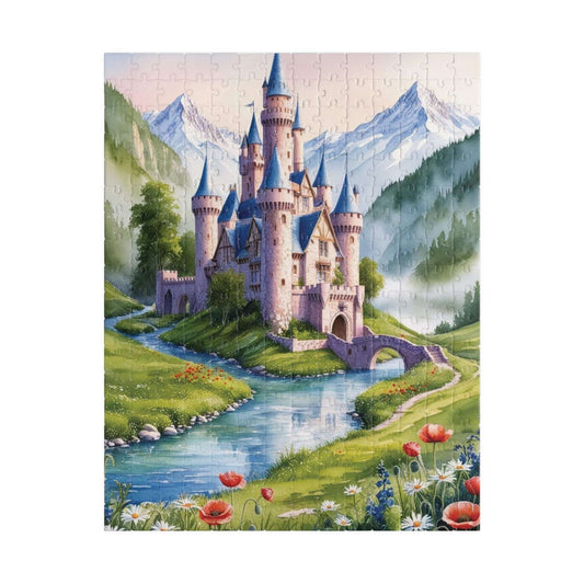 Jigsaw Puzzle, Fairytale Castle Landscape Puzzle - Snow-capped Mountains, Wildflowers, River, Scenic Puzzle 252 pcs (Vertical) Puzzle The Puzzle Chest