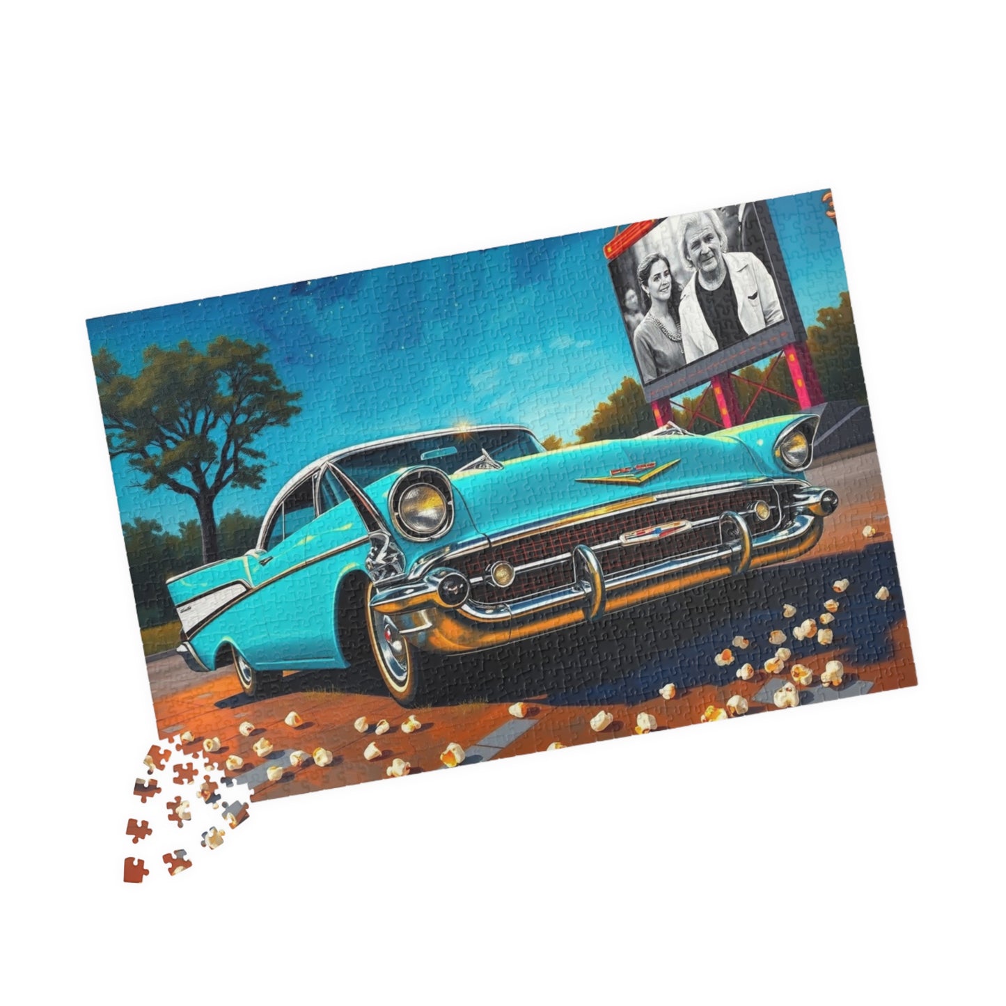 Nostalgic 1950s Car Puzzle, Turquoise Bel Air at Neon-Lit Drive-In, Classic American Car Enthusiast, Best Gift for Him, Mindfulness Puzzle The Puzzle Chest