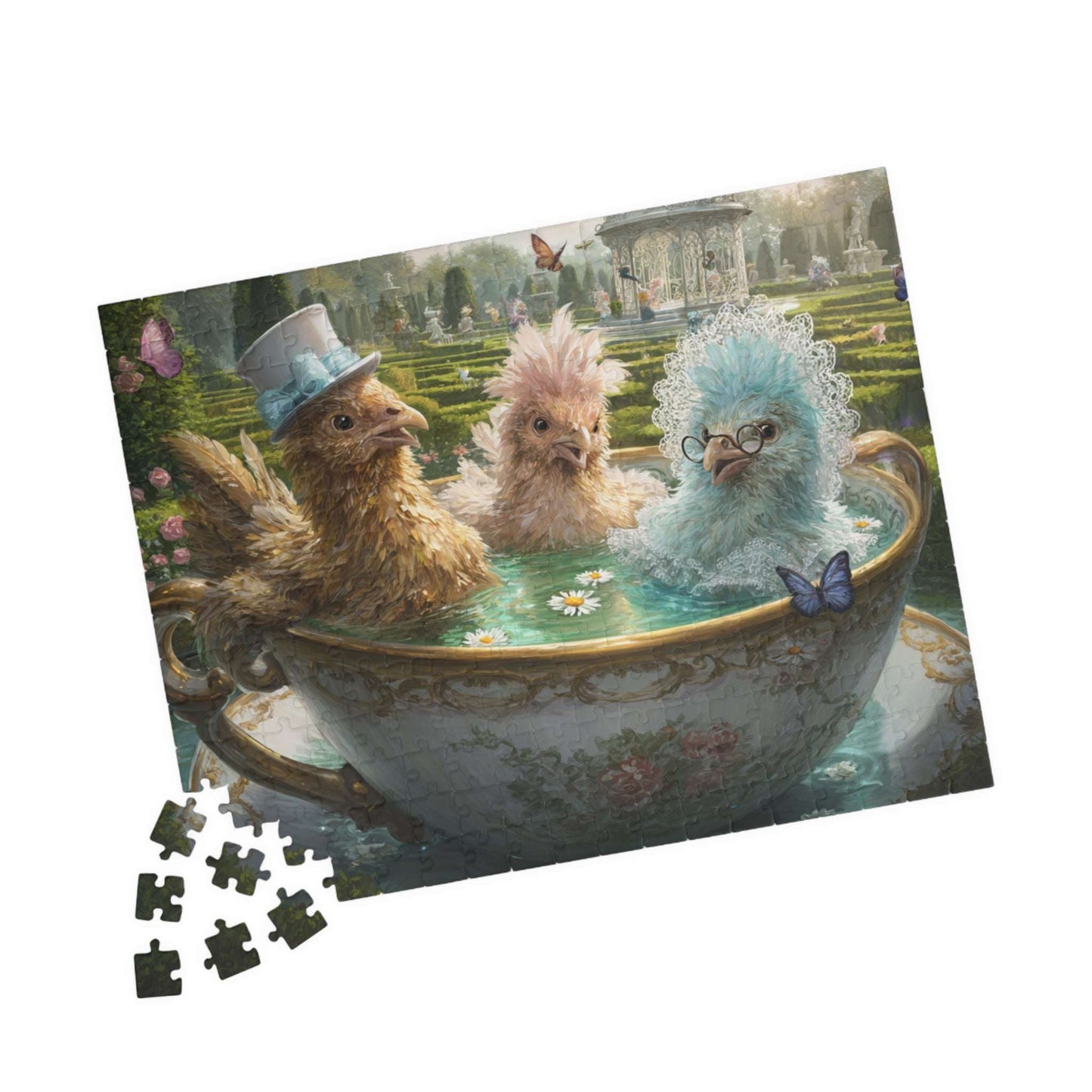 Whimsical Garden Tea Chicken Puzzle – Three Fancy Chickens in Giant Teacup Bath with Flowers, Fairy-Tale Farm Animal Jigsaw 252 pcs (Horizontal) Puzzle The Puzzle Chest