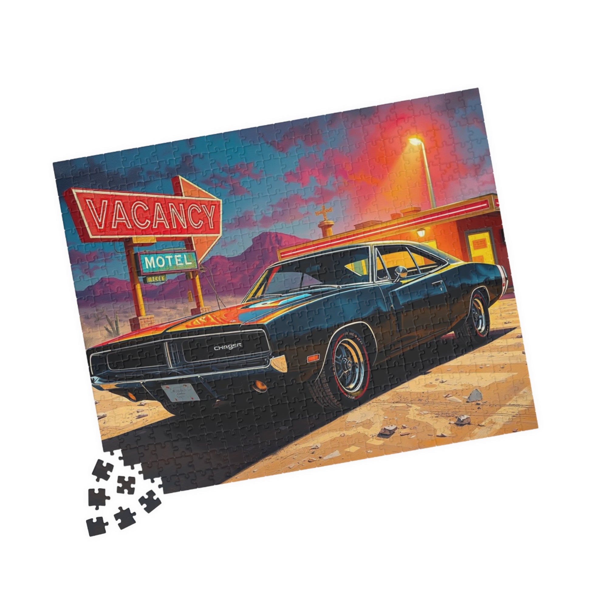 Vintage Muscle Car Puzzle, Black 1969 Charger, Classic Car Desert Motel Scene Jigsaw Game Puzzle The Puzzle Chest