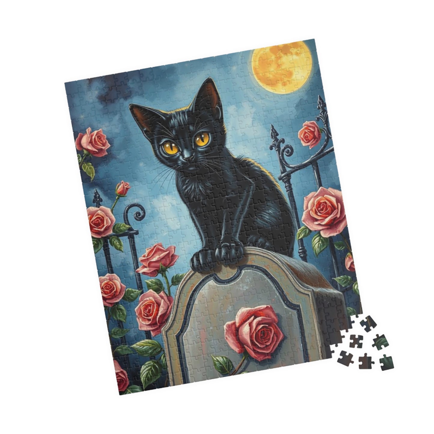 Graveyard Night Stalker Jigsaw Puzzle - Black Cat on Moonlight Gravestone, Halloween Game, Gift for Cat Lover, Challenging Family Activity