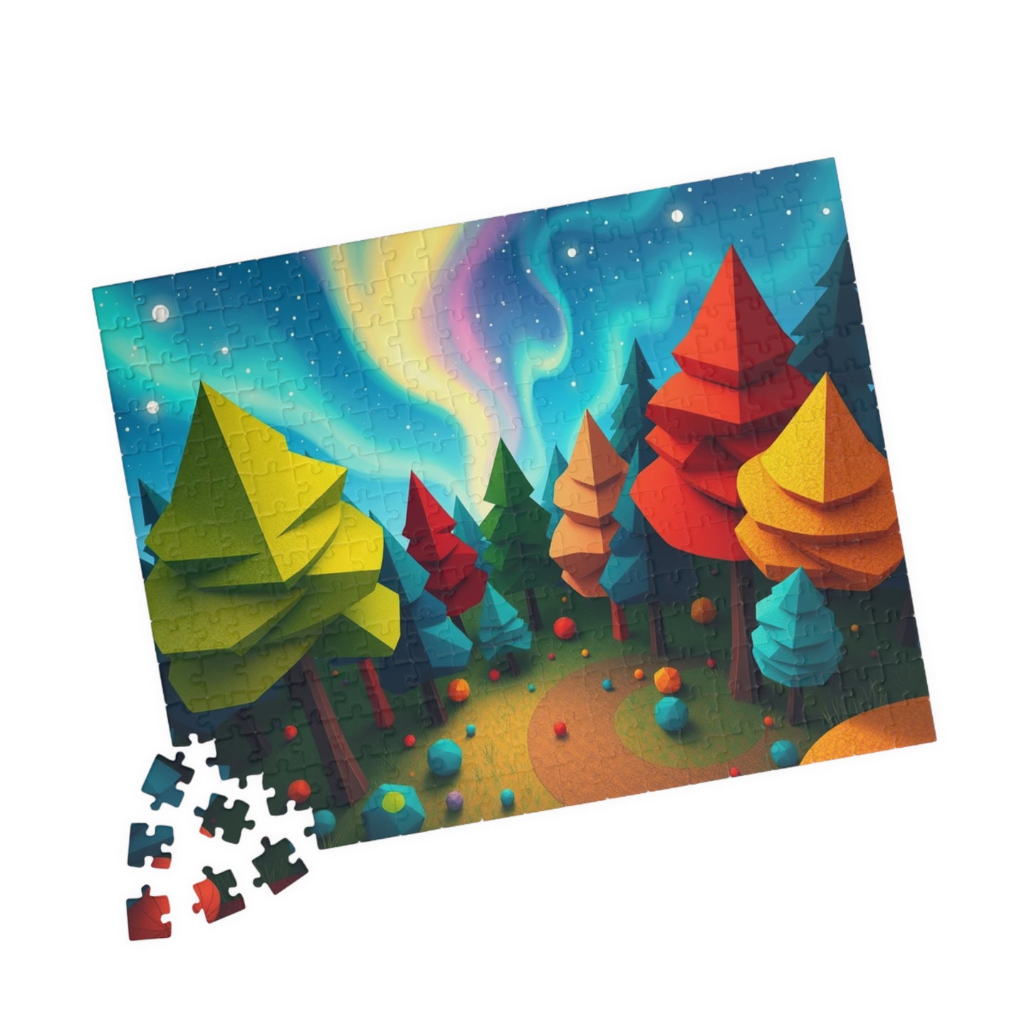 Abstract Landscape Jigsaw Puzzle, Magical Forest with Geometric Trees Aurora Sky, Challenging Game for Mental Exercise, Puzzle Lover Gift Puzzle The Puzzle Chest