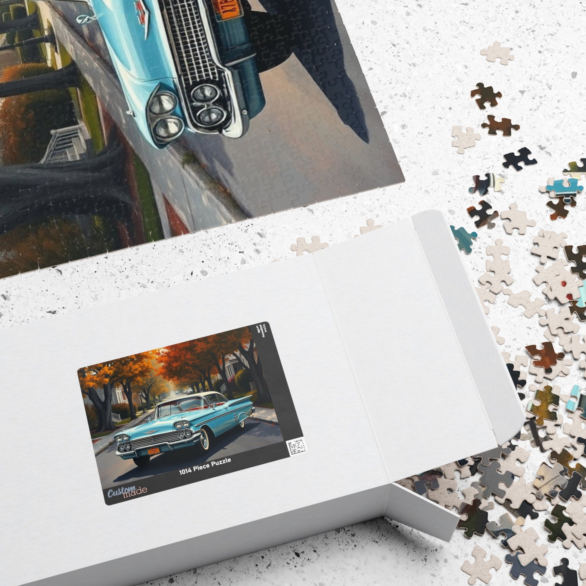 Vintage Car Jigsaw Puzzle, Classic 1958 Impala, Retro 1950s Flower-Lined Neighborhood Scene Puzzle The Puzzle Chest