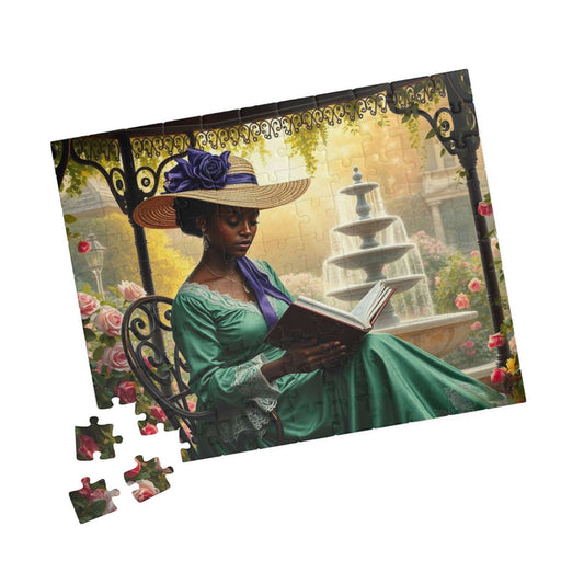 Black Victorian Scholar Jigsaw Puzzle, Afro Woman Reading in Flower Garden, Afrocentric Art 110 pcs (Horizontal) Puzzle The Puzzle Chest