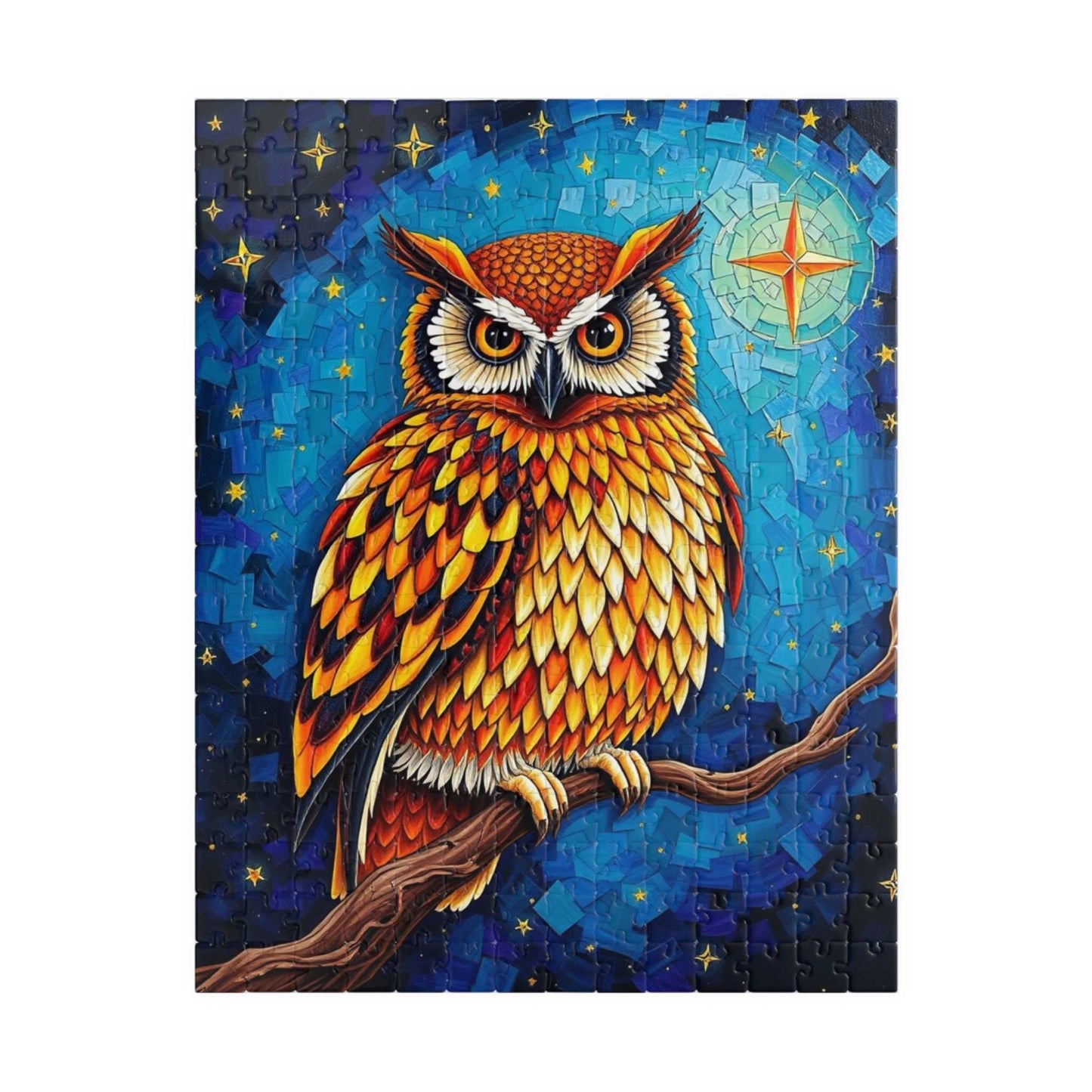 Mosaic Wise Owl Jigsaw Puzzle, Hooter Night Bird Perched on Tree Branch, Starry Sky Background, 110-1014 Piece, Animal Lover Gift, Mindful 252 pcs (Vertical) Puzzle The Puzzle Chest