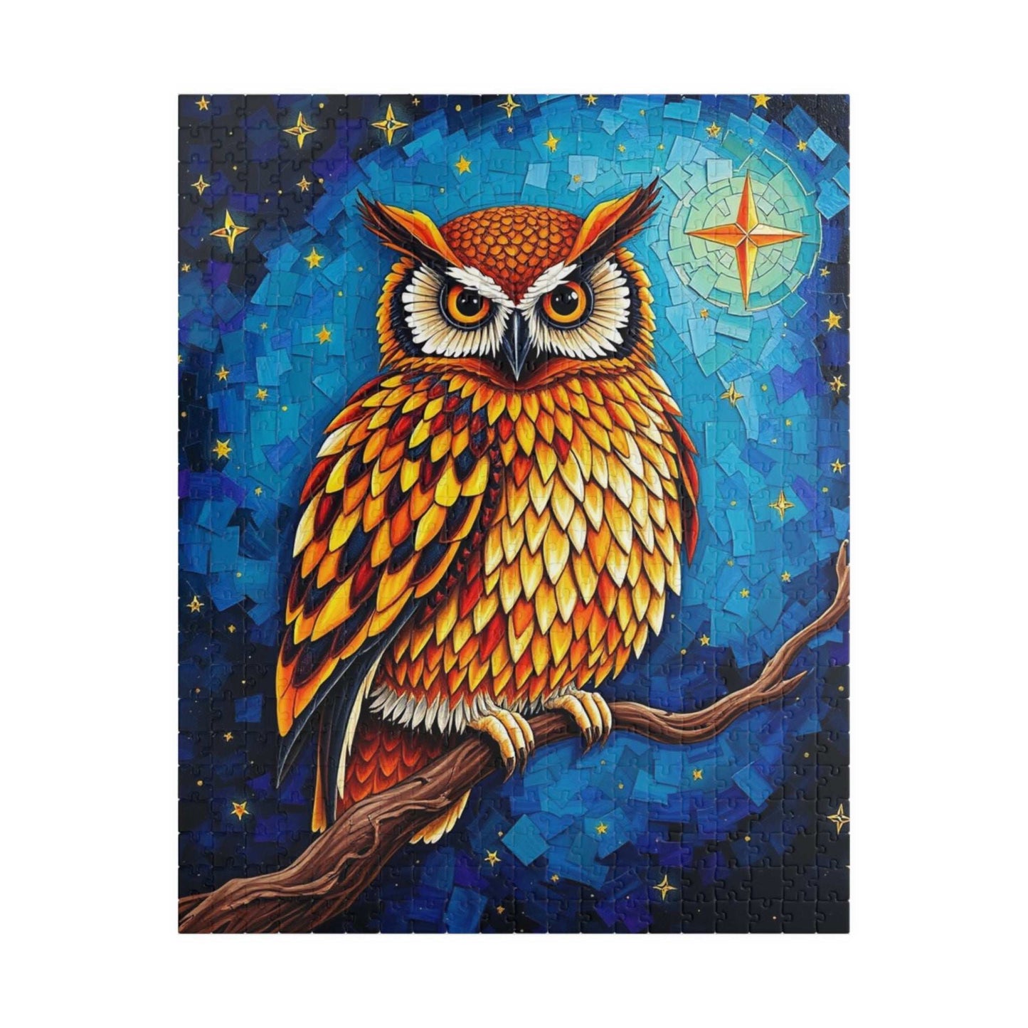 Mosaic Wise Owl Jigsaw Puzzle, Hooter Night Bird Perched on Tree Branch, Starry Sky Background, 110-1014 Piece, Animal Lover Gift, Mindful 520 pcs (Vertical) Puzzle The Puzzle Chest