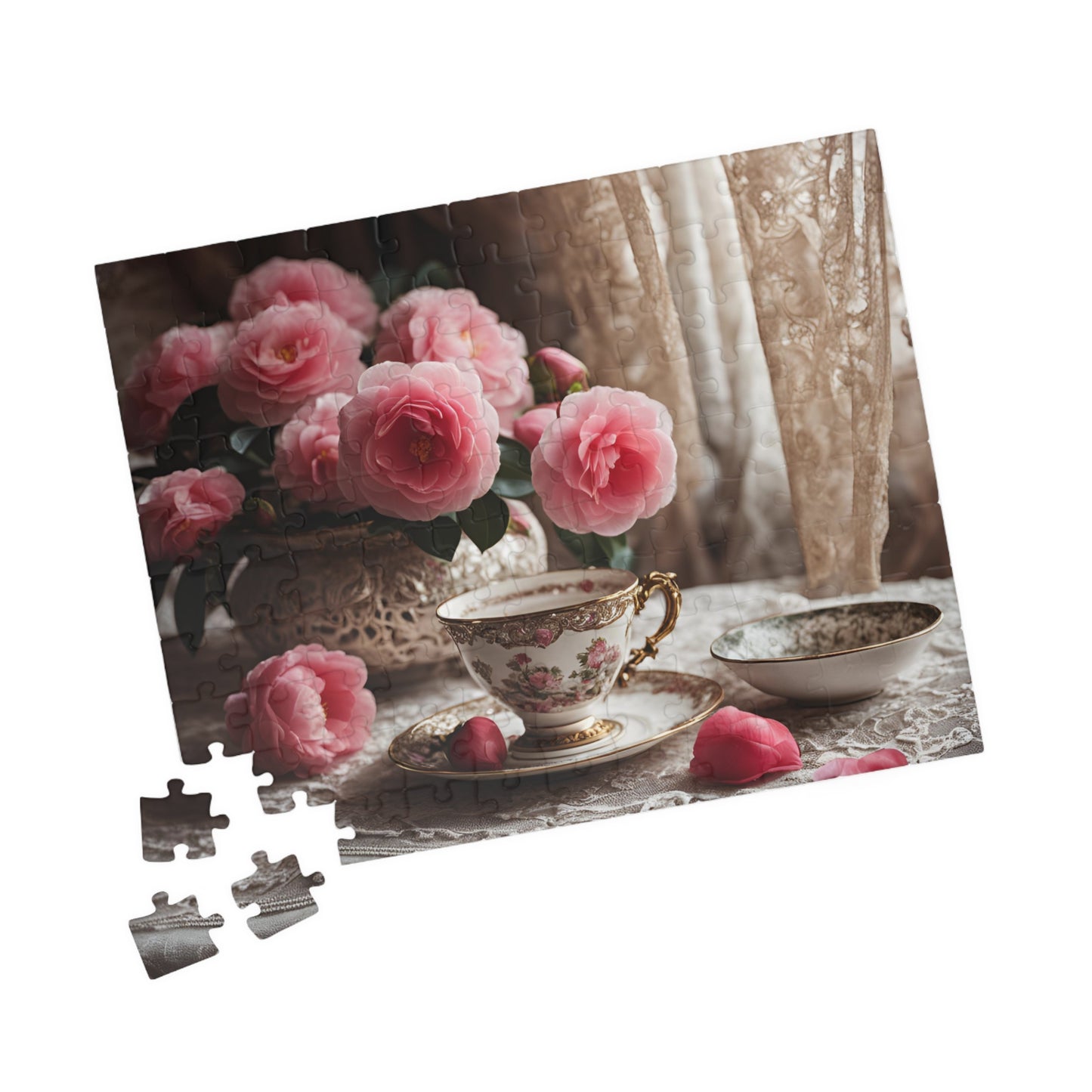 Jigsaw Puzzle, Teatime Vintage Image with Teacup and Carnations, Adult Tabletop Game, Brain Teaser, Creative Pastime, Gift for Puzzle Lover Puzzle The Puzzle Chest