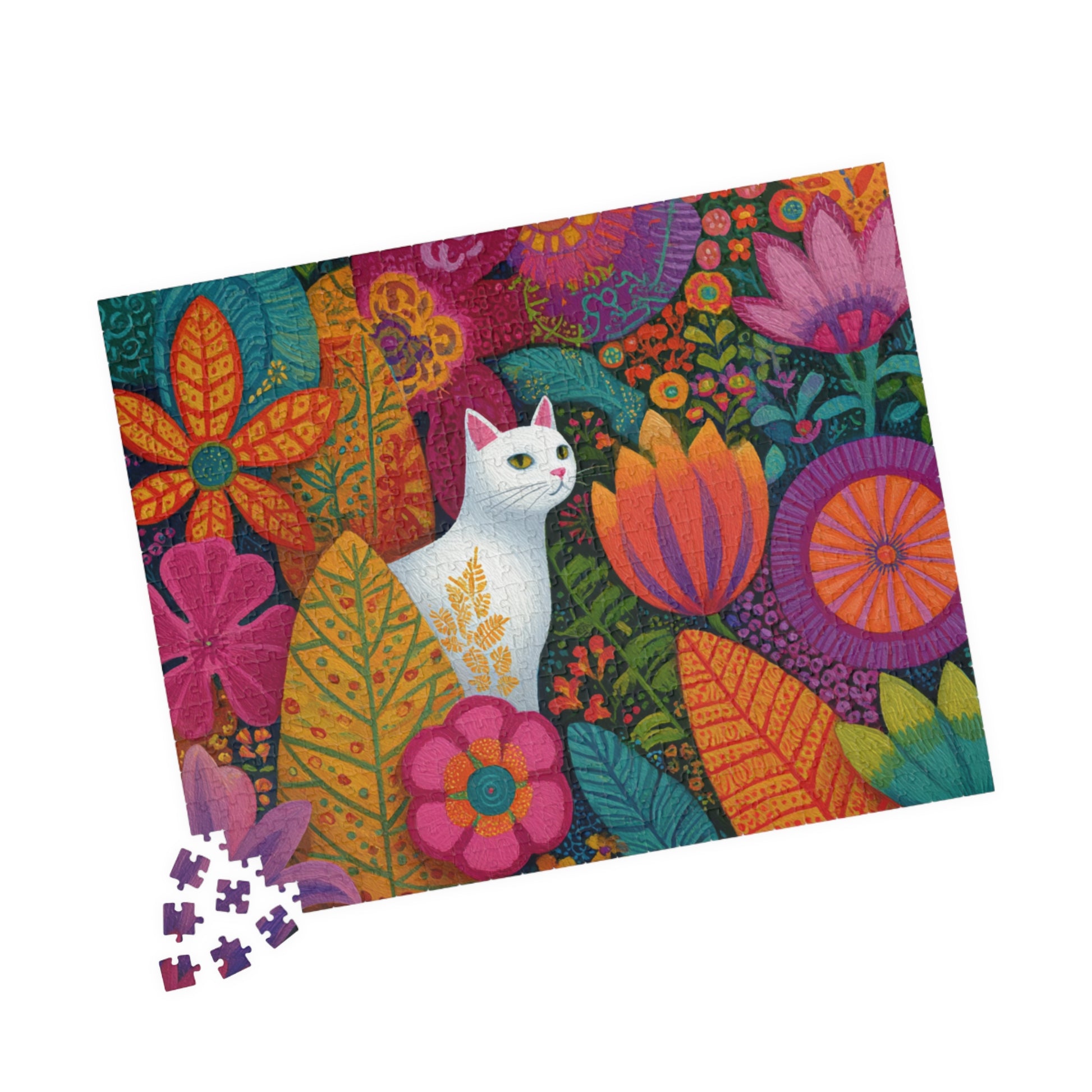 Cat Among the Flowers – Garden Cat Jigsaw Puzzle, Animal Theme Fauvist Flower Art Puzzle, Cartoonish 520 pcs (Horizontal) Puzzle The Puzzle Chest