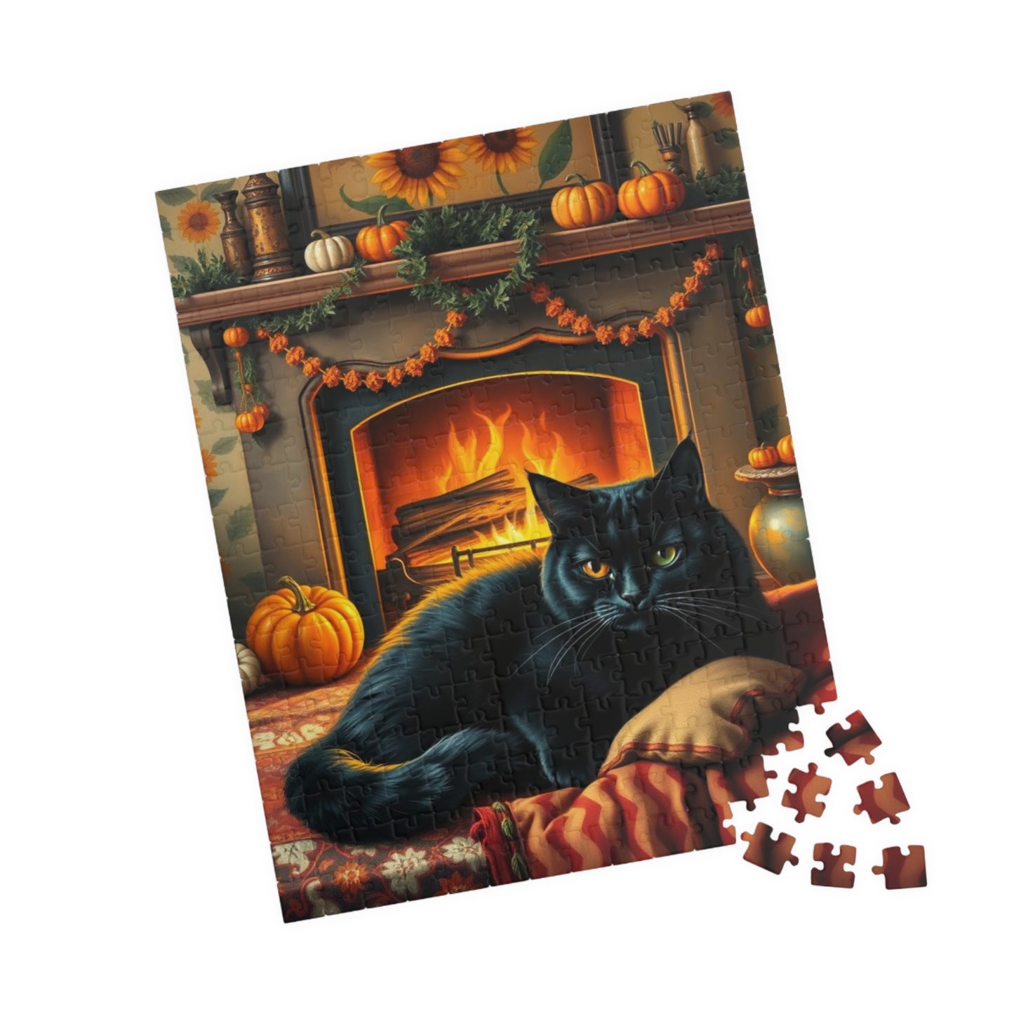 Hearthside Patch Paw Jigsaw Puzzle, Cozy Autumn Adult Folk Art Game with Black Cat and Pumpkins, Gift for Cat Lover, Fall Decor, Family Fun