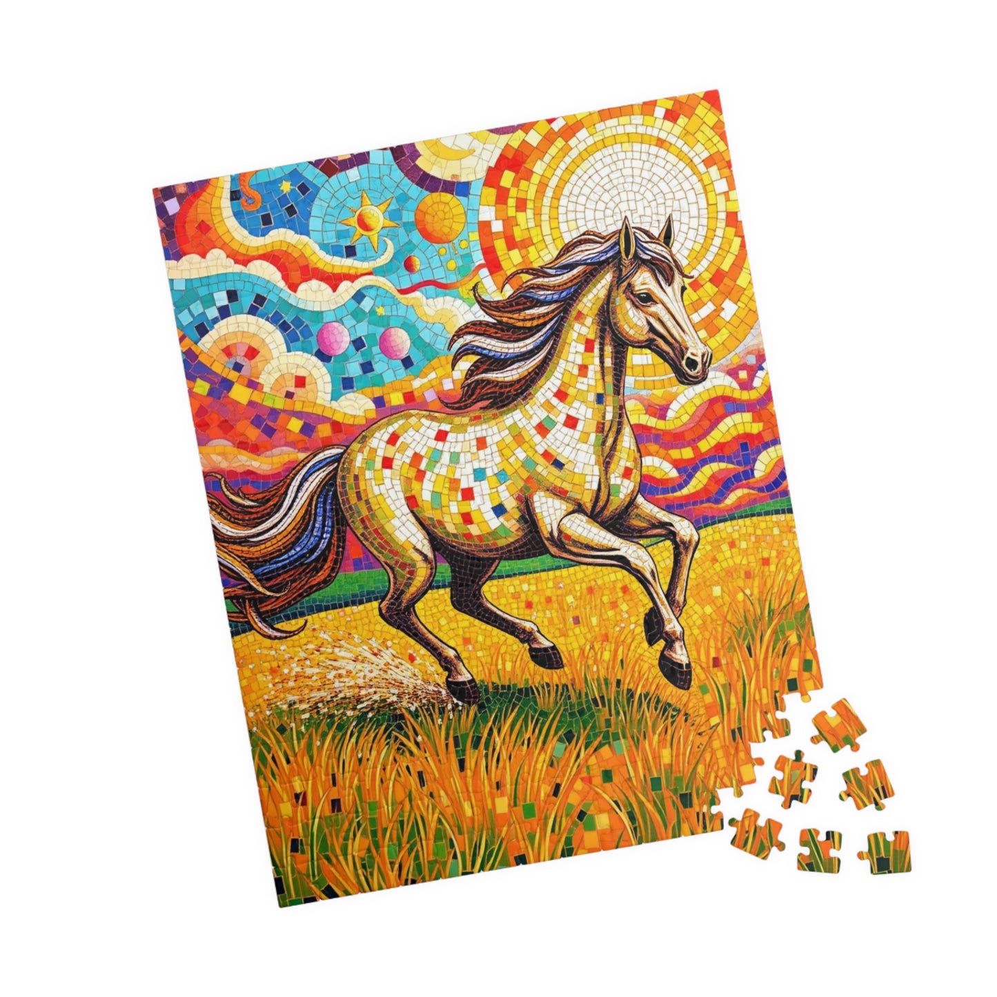 Mosaic Horse Puzzle, Mare Stallion Galloping in Golden Field Jigsaw Game, Relaxation Activity, Entertaining Pastime, Puzzle Fan Hobby Gift Puzzle The Puzzle Chest