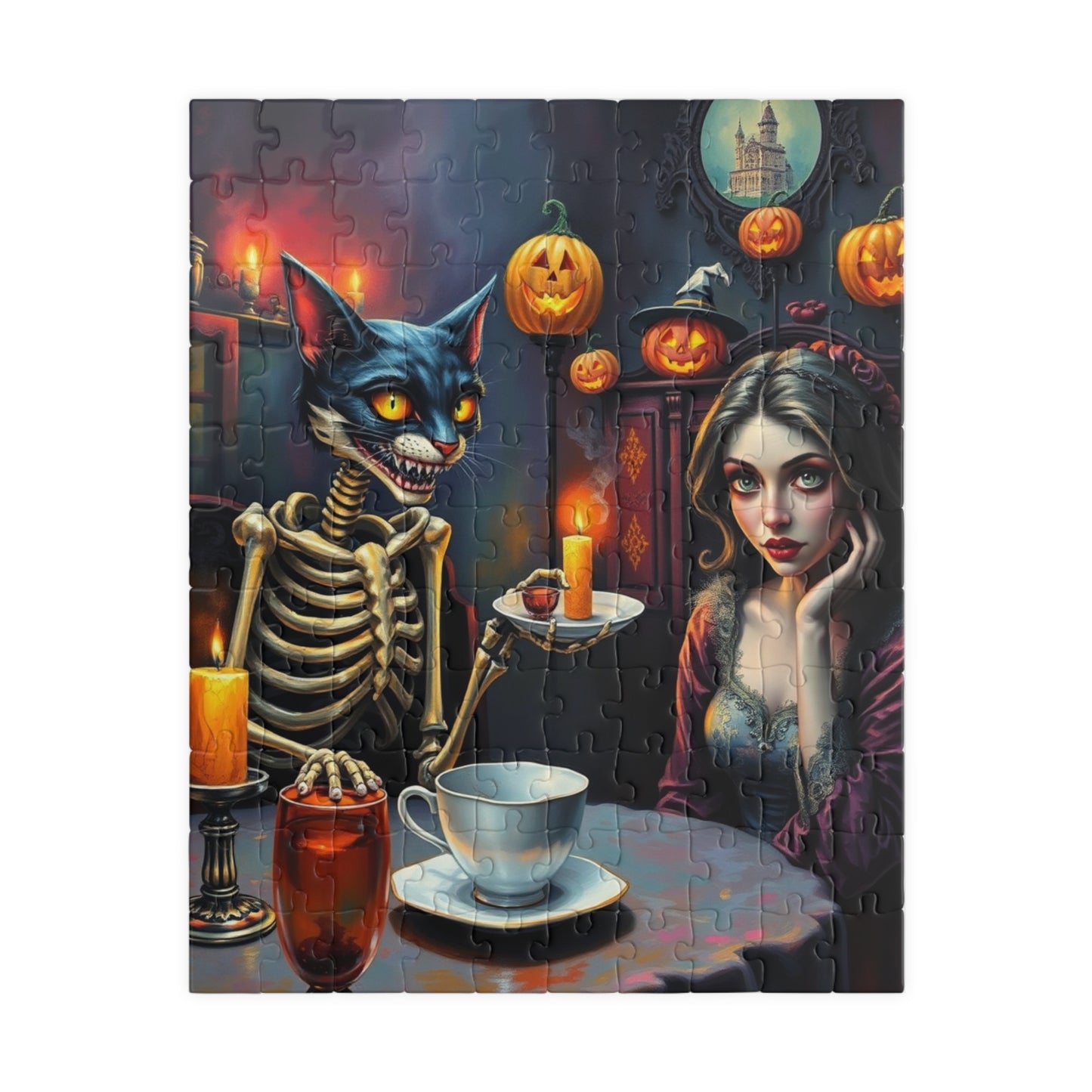 Whimsical Halloween Puzzle - Skeleton Cat Gothic Art, Spooky Gift, Family or Solo Fun, Halloween Decor, Unique Challenges, Holiday Activity 110 pcs (Vertical) Puzzle The Puzzle Chest