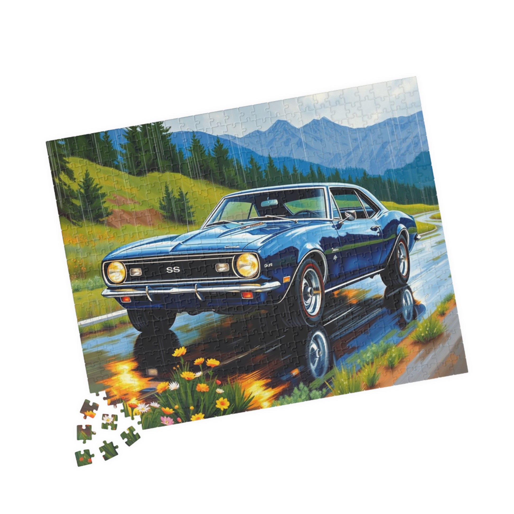Vintage Muscle Car Jigsaw Puzzle, 1967 Camaro Classic Vehicle on Rainy Road Trip Scenic Art Puzzle The Puzzle Chest