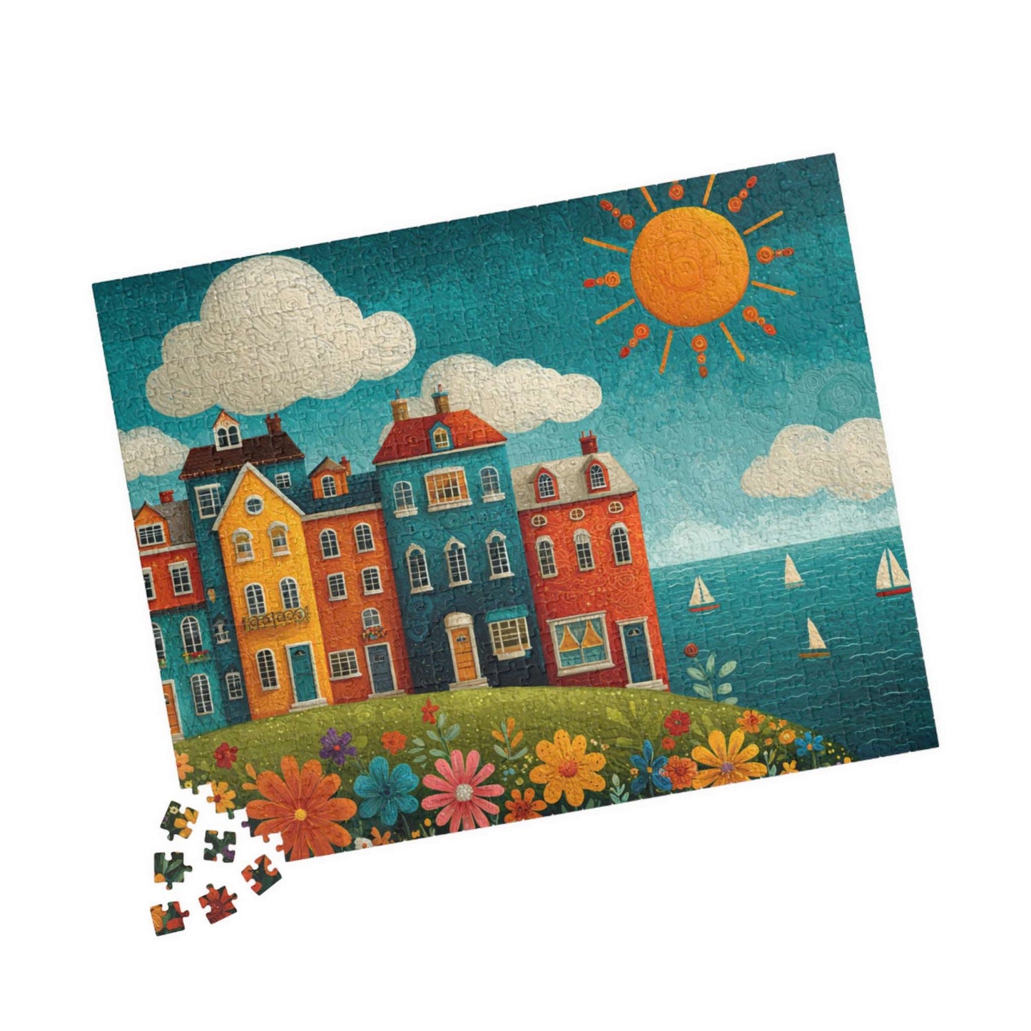 Seaside Village Jigsaw Puzzle - Coastal Ocean Scene, Colorful Beach Town with Bright Flowers, Sailboats, and Sun 520 pcs (Horizontal) Puzzle The Puzzle Chest