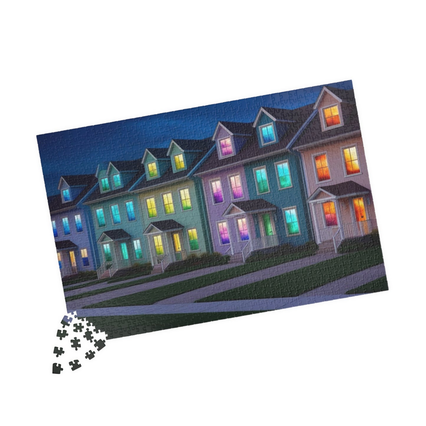 Jigsaw Puzzle, Fantasy Weirdcore Surreal Suburban Neighborhood with Glowing Windows, 110 252 520 1014-piece, Home Decor Game Activity Gift, Puzzle The Puzzle Chest