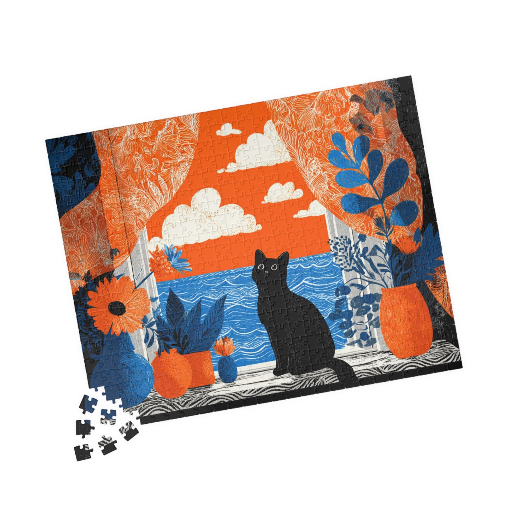 Black Cat by the Open Window – Fauvist Interior Cat Jigsaw Puzzle, Animal Theme Seaside Art Puzzle, Matisse-Inspired 520 pcs (Horizontal) Puzzle The Puzzle Chest