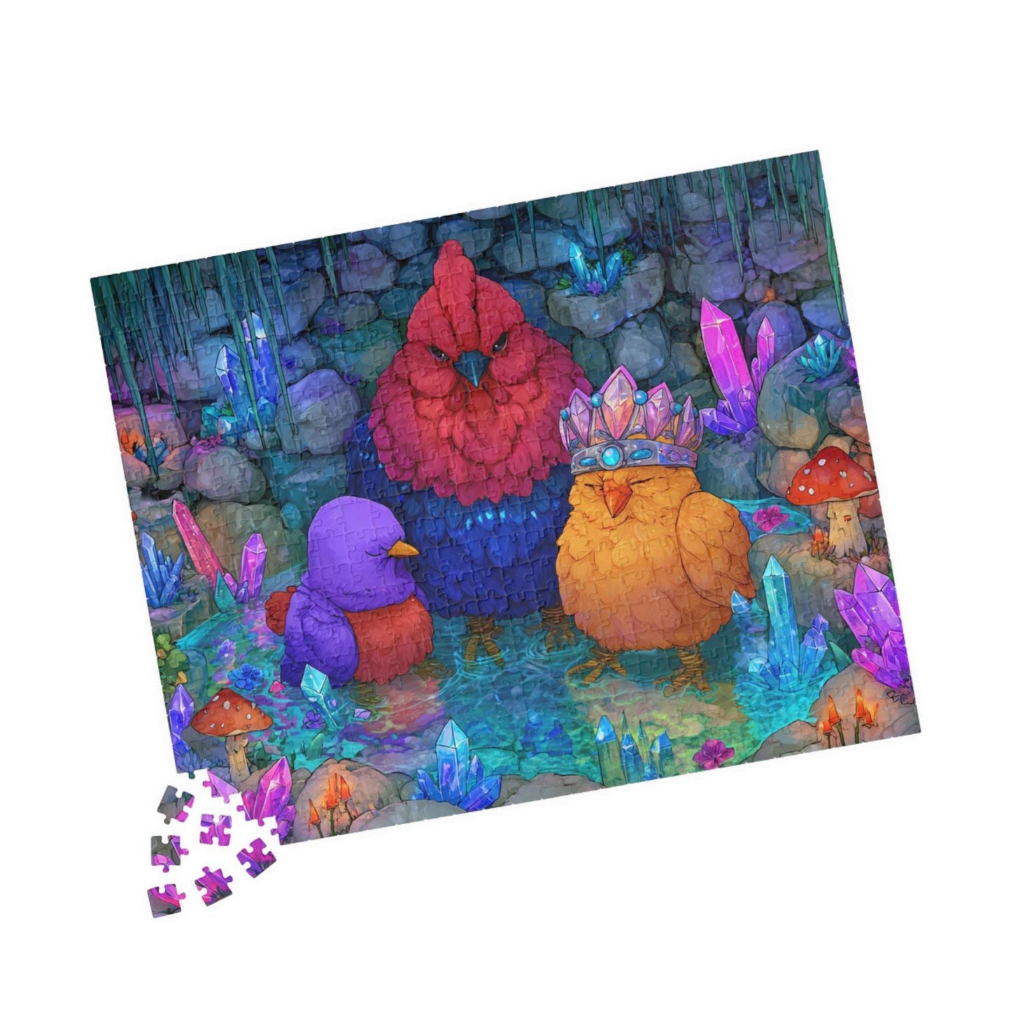 Crystal Cave Chicken Puzzle – Magical Chickens in Enchanted Crystal Bath, Whimsical Fairy-Tale Animal Jigsaw Puzzle 520 pcs (Horizontal) Puzzle The Puzzle Chest