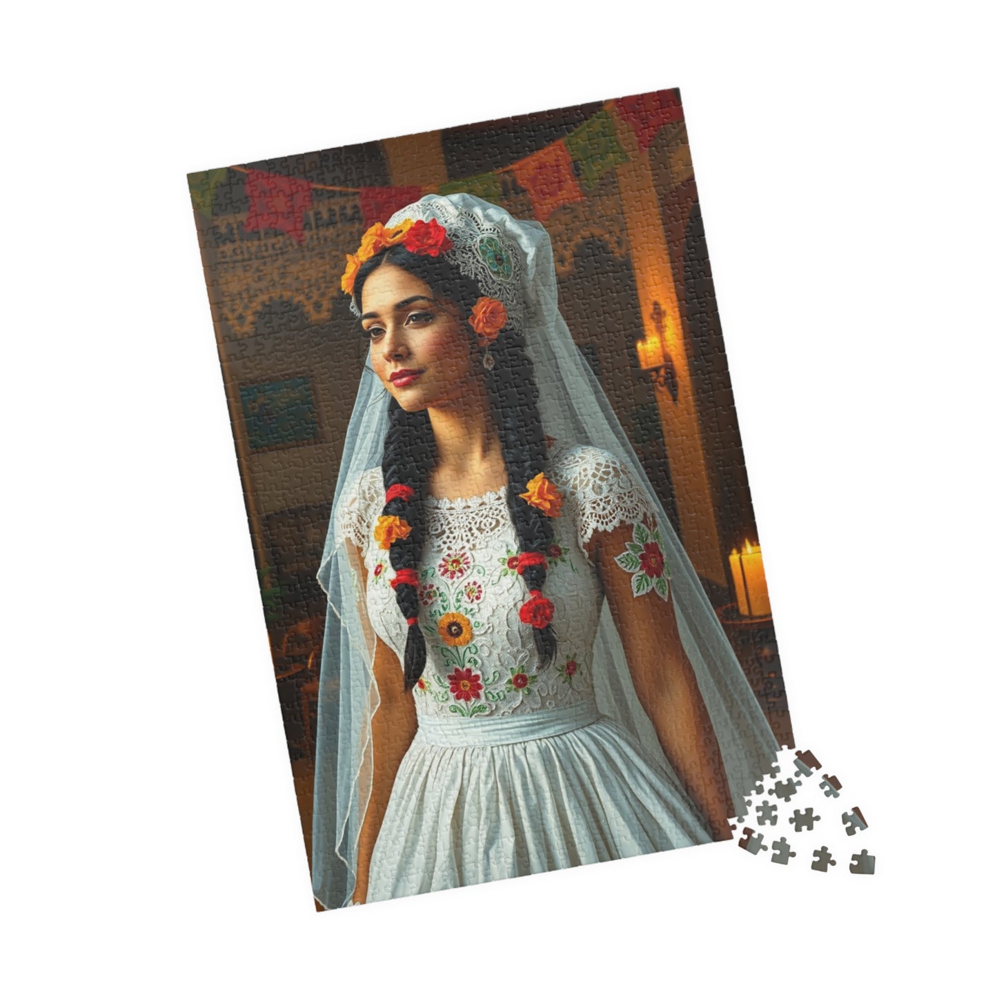 Elegant Mexican Bride Puzzle with Papel Picado Background, Hacienda Courtyard Wedding Jigsaw, Unique Gift for Puzzle Enthusiast Hobbyist Puzzle The Puzzle Chest